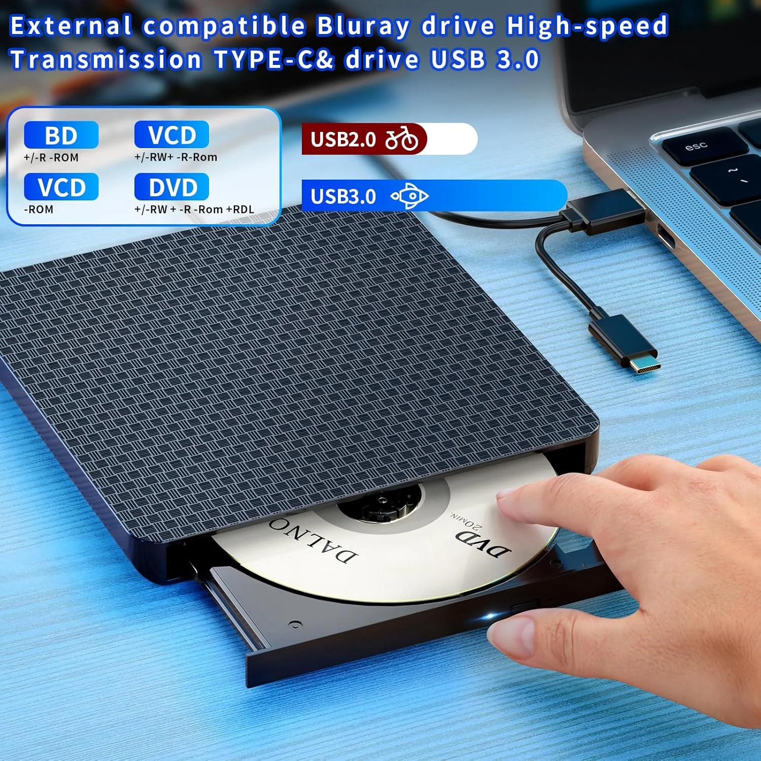 پخش‌کننده بلوری اکسترنال ظریف، قابل حمل، با قابلیت خواندن و نوشتن، سازگار با USB 3.0 و پورت Type-C، سازگار با Win 7-11 و MAC OS برای خواندن BD/DVD/CD