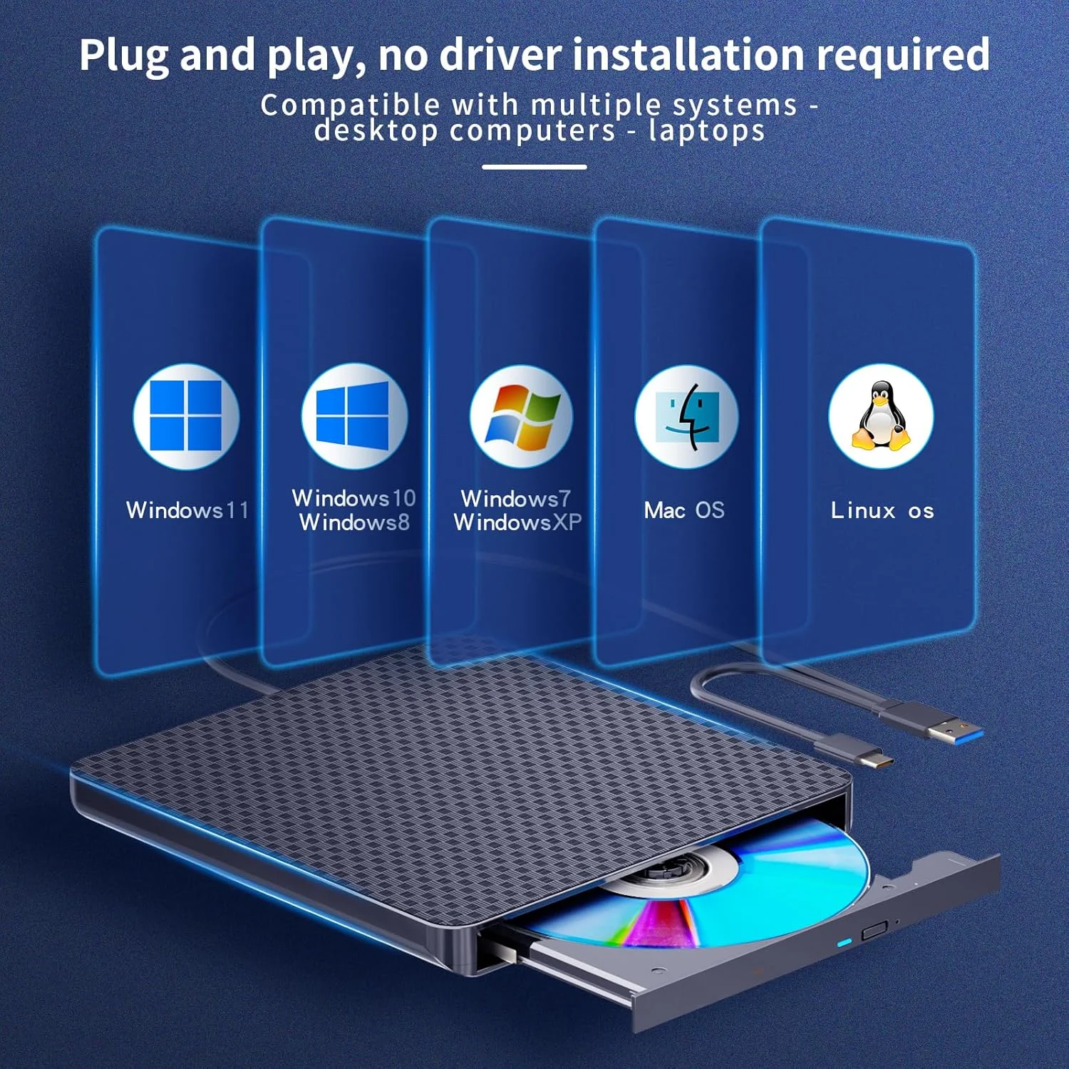 پخش‌کننده بلوری اکسترنال ظریف، قابل حمل، با قابلیت خواندن و نوشتن، سازگار با USB 3.0 و پورت Type-C، سازگار با Win 7-11 و MAC OS برای خواندن BD/DVD/CD