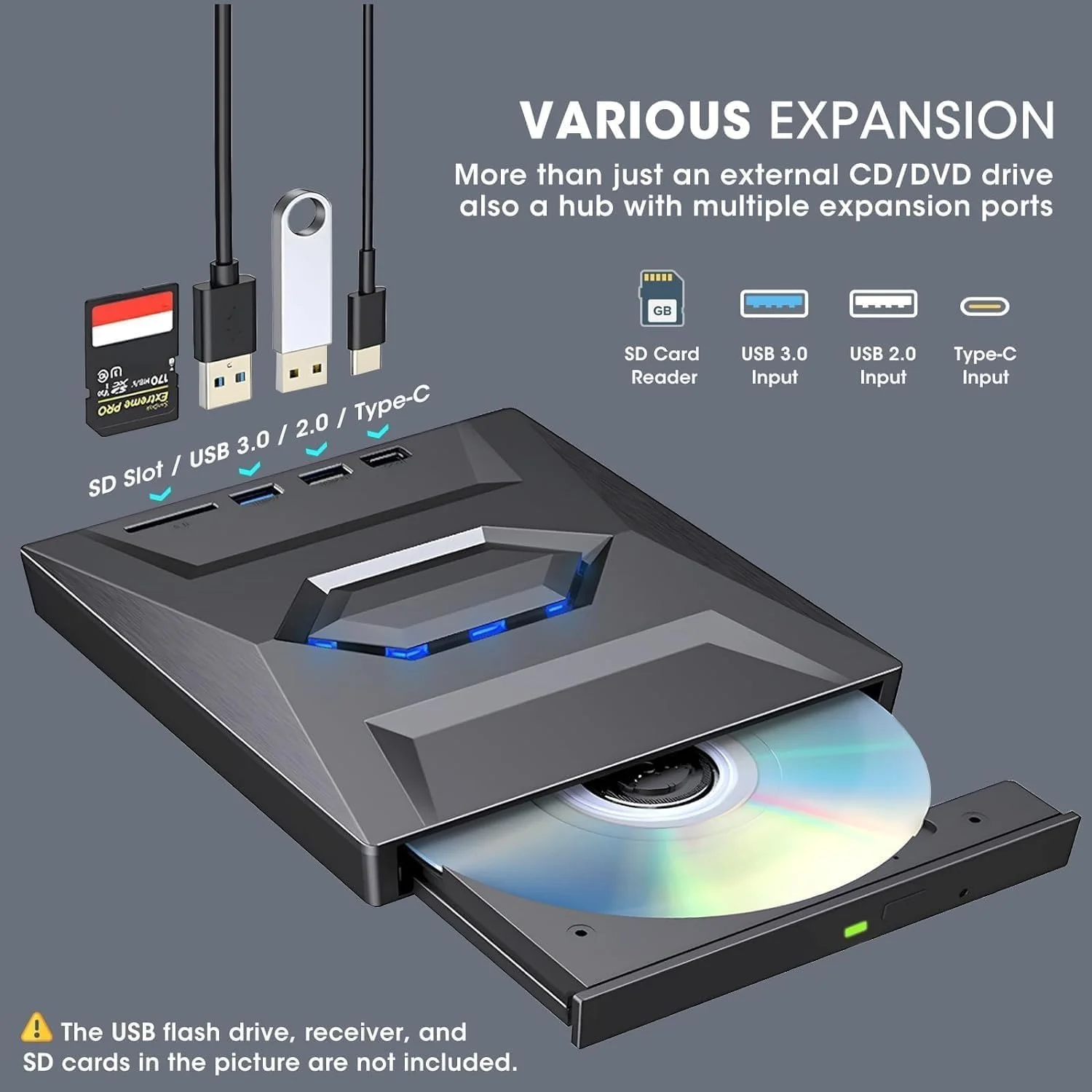 درایو نوری اکسترنال CD DVD با پورت USB 3.0/2.0/ USB-C و کارت خوان SD، درایو دیسک نوری قابل حمل CD/DVD ROM +/-RW برای لپ تاپ، کامپیوتر شخصی، مک، ویندوز 11/10/8/7 و لینوکس