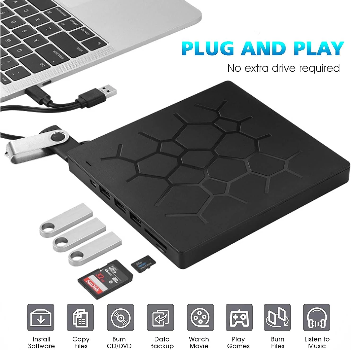 درایو DVD اکسترنال Funito، USB 3.0 CD DVD رایتر برای لپ تاپ، درایو دیسک نوری Type-C CD/DVD ROM +/-RW با 4 پورت USB و 2 اسلات کارت SD، فوق العاده باریک، برای مک، PC ویندوز 11/10/8/7 لینوکس