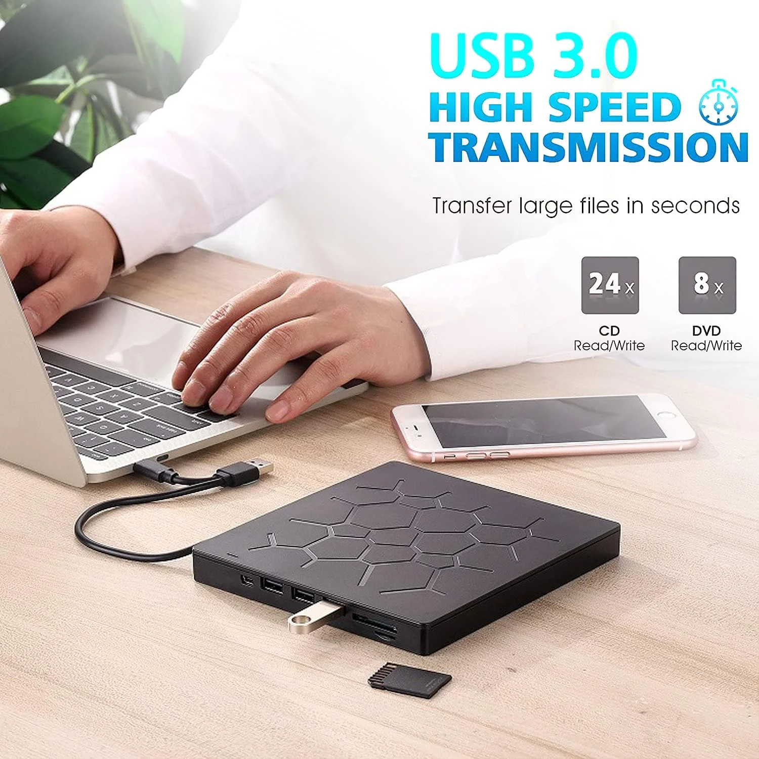 درایو DVD اکسترنال Funito، USB 3.0 CD DVD رایتر برای لپ تاپ، درایو دیسک نوری Type-C CD/DVD ROM +/-RW با 4 پورت USB و 2 اسلات کارت SD، فوق العاده باریک، برای مک، PC ویندوز 11/10/8/7 لینوکس