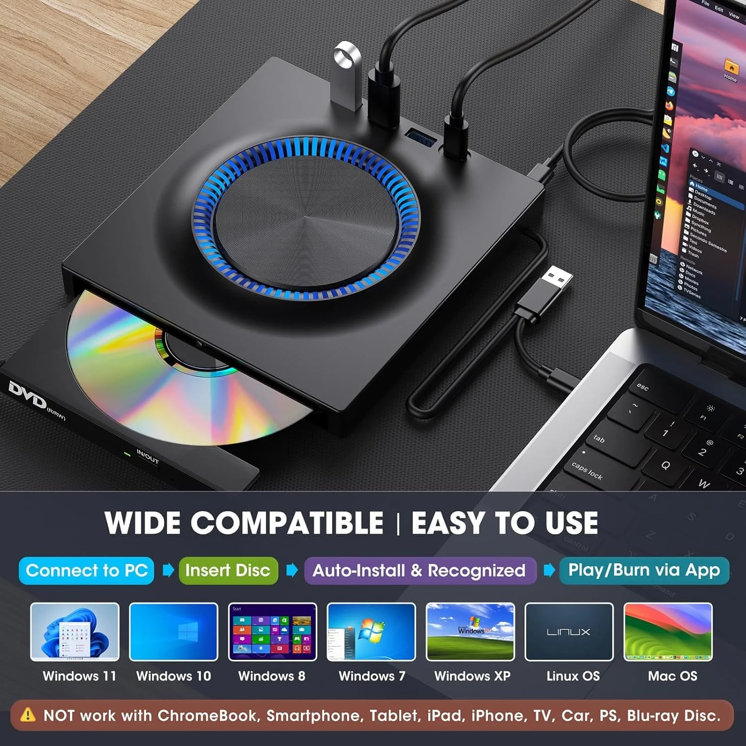 درایو DVD اکسترنال PFUTURE، پخش کننده و رایت کننده قابل حمل CD DVD با USB 3.0 و USB-C، کارت خوان SD و هاب، سازگار با لپ تاپ، مک، ویندوز 11/10/8/7، لینوکس PC