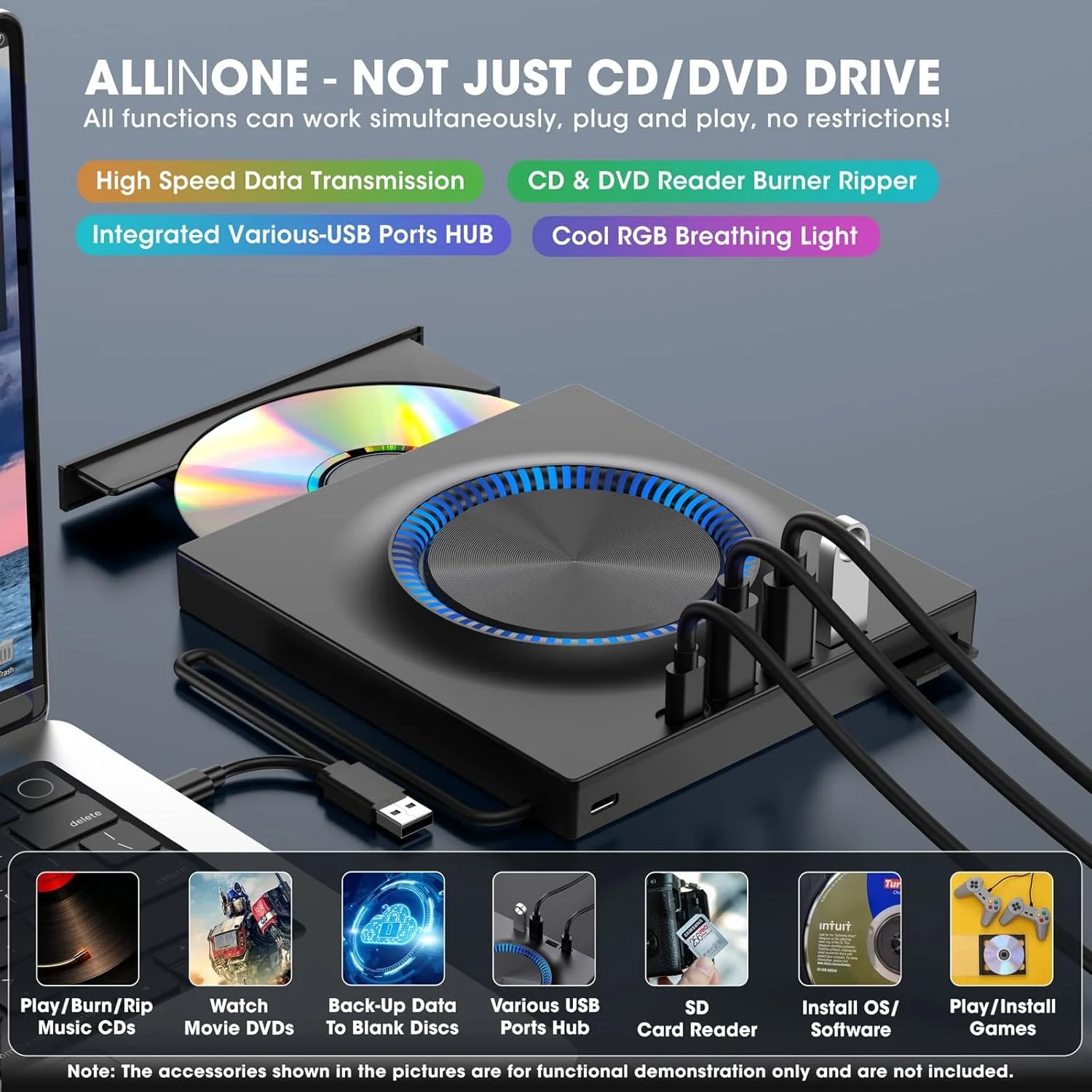 درایو DVD اکسترنال PFUTURE، پخش کننده و رایت کننده قابل حمل CD DVD با USB 3.0 و USB-C، کارت خوان SD و هاب، سازگار با لپ تاپ، مک، ویندوز 11/10/8/7، لینوکس PC