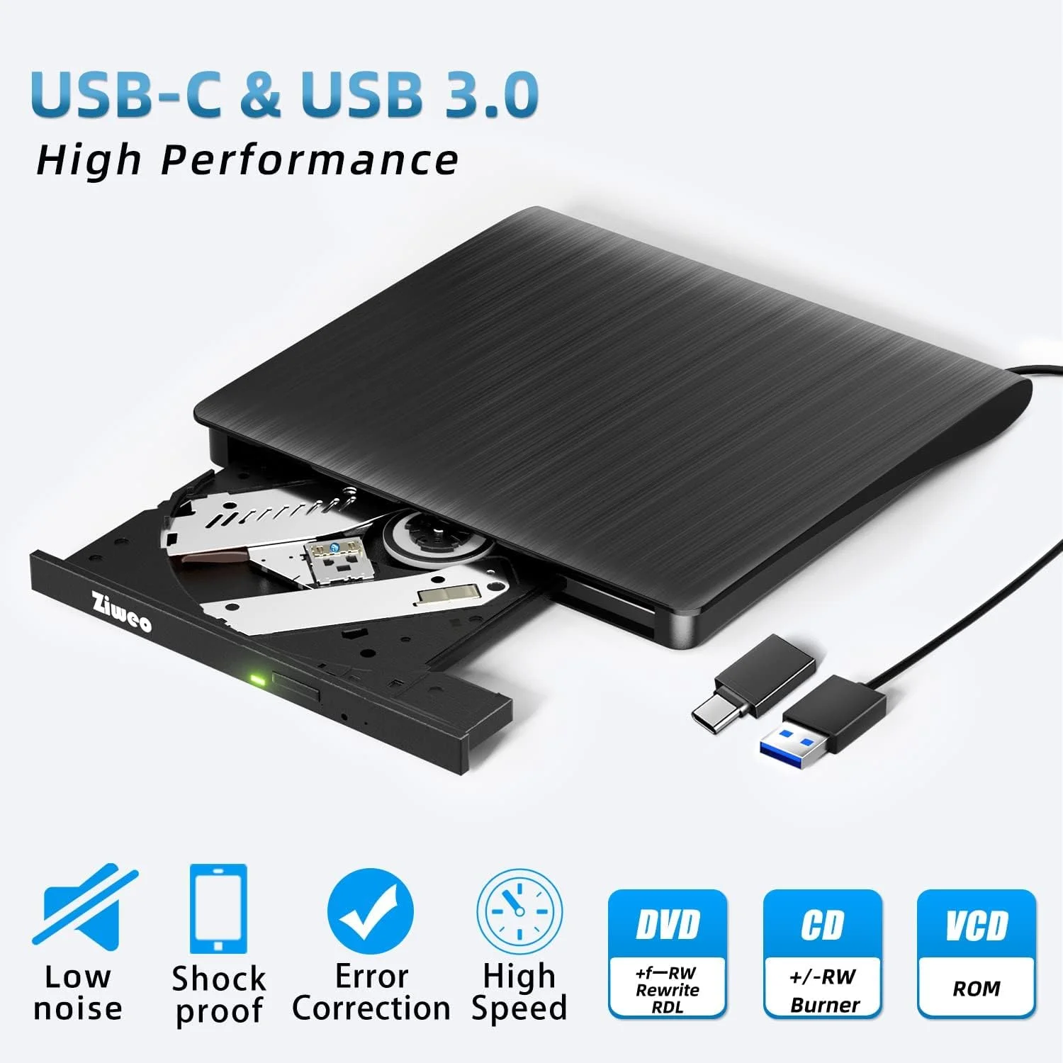 درایو نوری اکسترنال زیوو، رایتر و خواننده CD DVD با USB 3.0، قابل حمل، سازگار با لپ تاپ و کامپیوتر