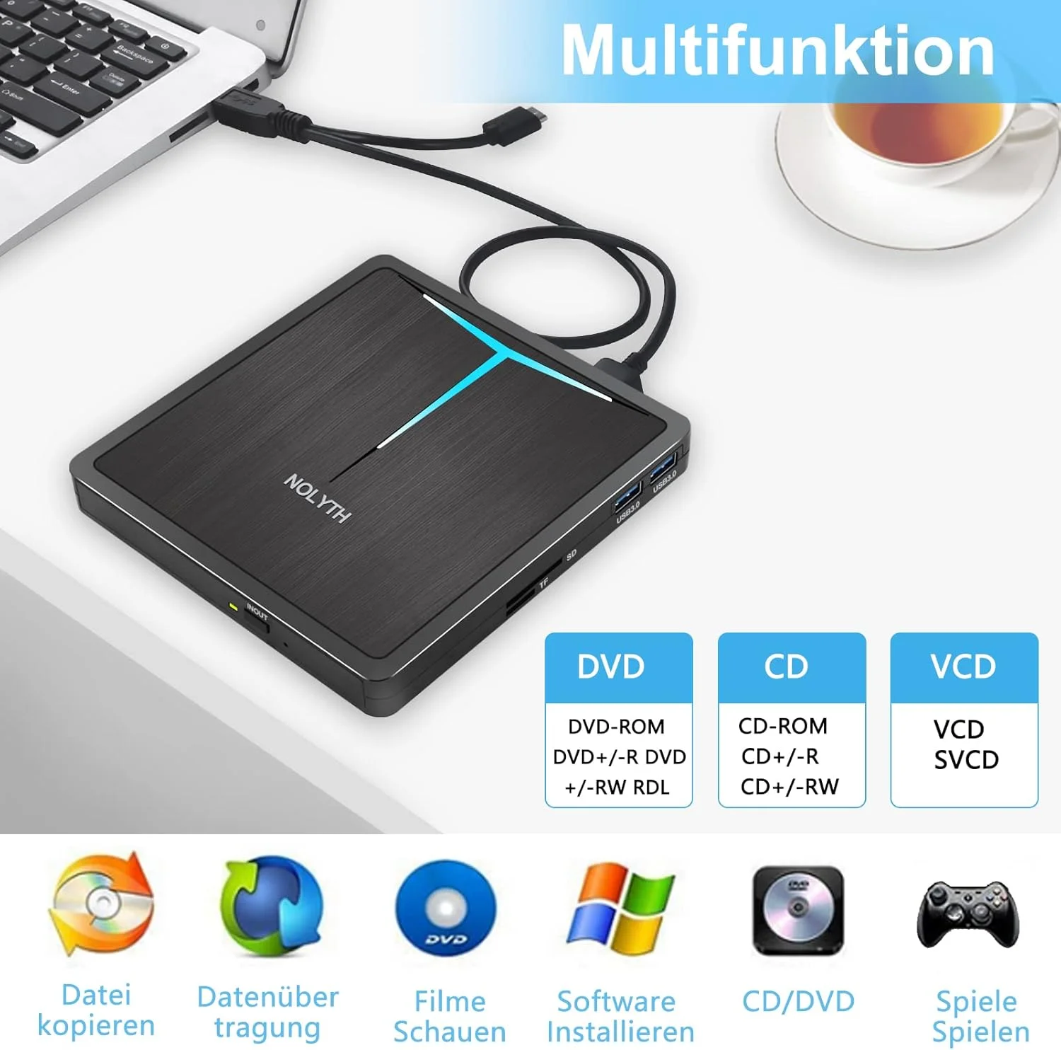 درایو نوری اکسترنال YUAKUOD H، دی وی دی رایتر اکسترنال USB 3.0 Type-C DVD/CD+/-RW با پورت USB و اسلات SD TF، درایوهای نوری قابل حمل DVD برای لپ تاپ PC ویندوز 11 10 مک بوک