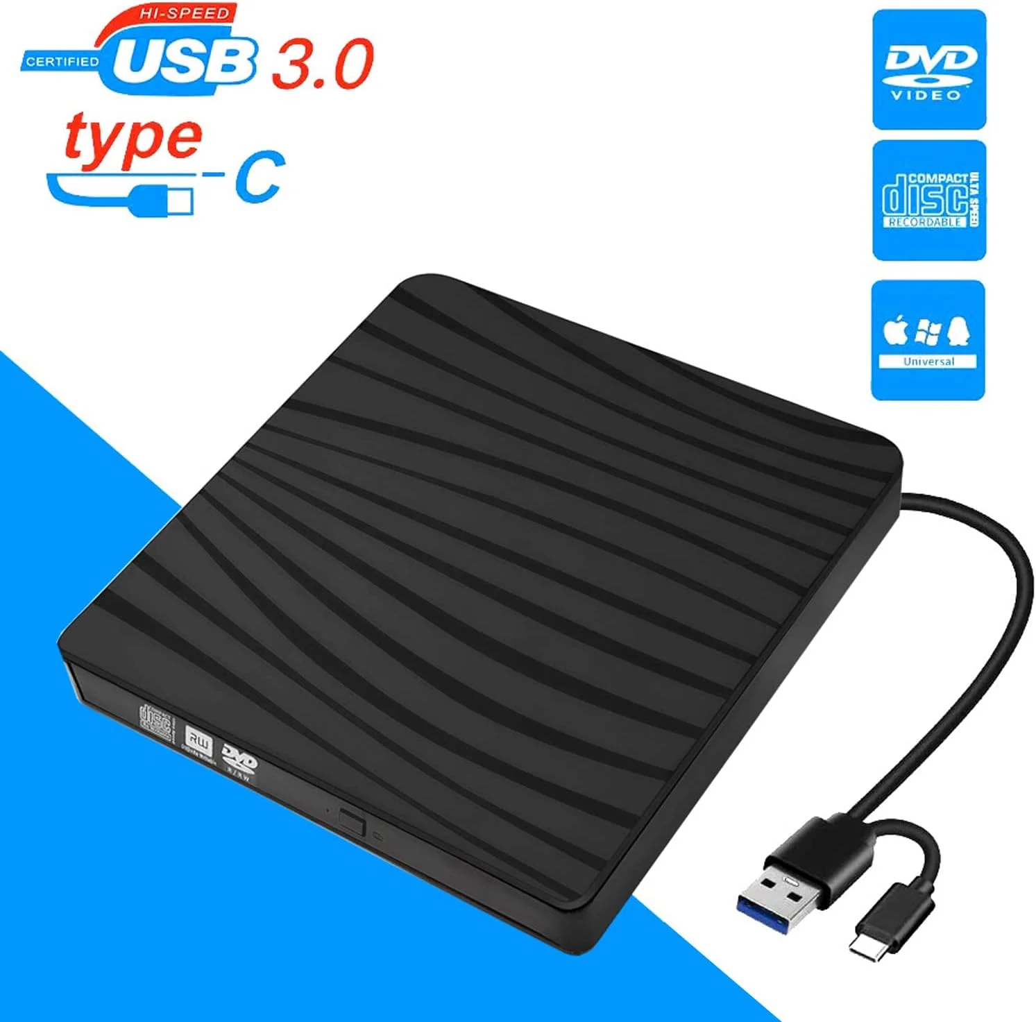 درایو DVD اکسترنال، درایو نوری CD DVD ROM قابل حمل با پورت های دوگانه USB C/USB3.0 CD DVD +/-RW برای لپ تاپ و کامپیوتر