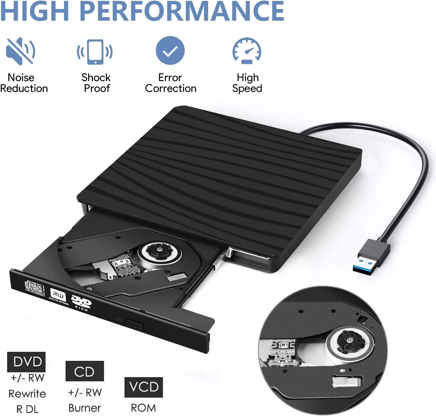 درایو DVD اکسترنال، درایو نوری CD DVD ROM قابل حمل با پورت های دوگانه USB C/USB3.0 CD DVD +/-RW برای لپ تاپ و کامپیوتر