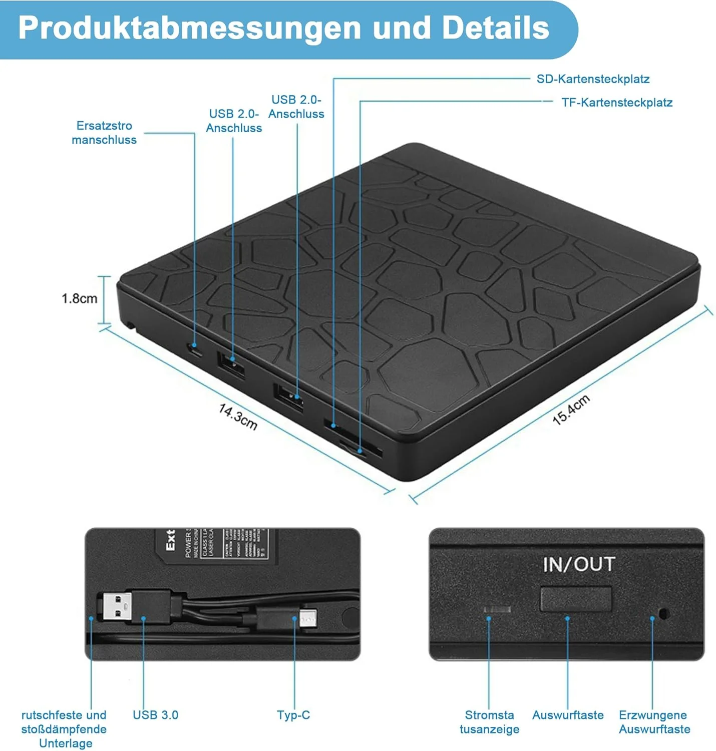 درایو نوری اکسترنال CD DVD برای لپ تاپ: دی وی دی رایتر اکسترنال با پورت های USB 3.0 Type-C و کارت خوان SD/TF - درایو نوری اکسترنال CD DVD برای لپ تاپ، کامپیوتر، مک بوک Win11/10/8/7/XP Linux Mac OS Vista