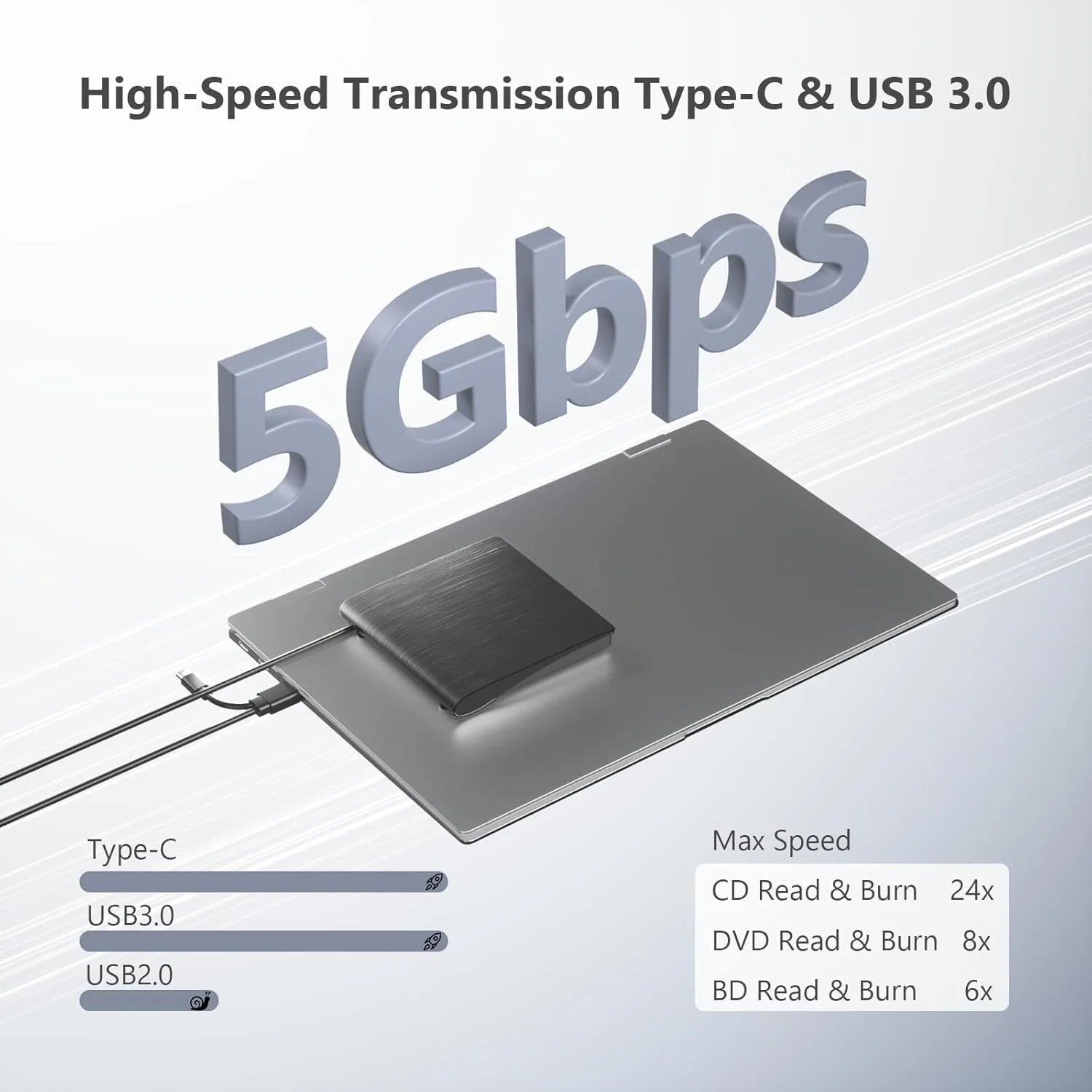 پخش کننده بلوری اکسترنال DVD/BD/CD، پخش/رایت، قابل حمل USB 3.0 Type-C 4K Ultra High Definition Blu-Ray Recorder برای Win7/8/10/11/MacOS