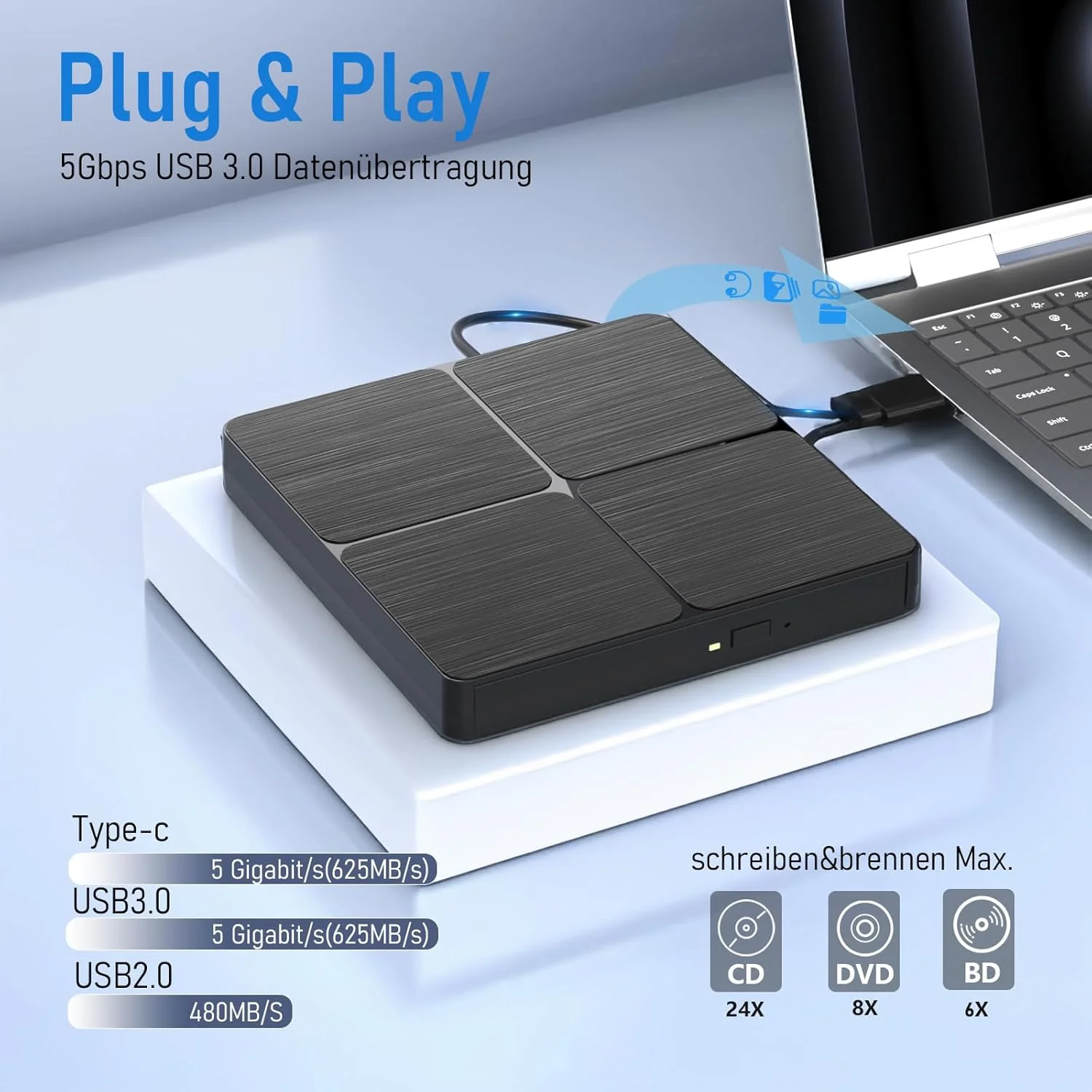 درایو نوری اکسترنال Blu Ray CD DVD، USB 3.0 Type-C 3D Bluray CD DVD BD Burner Player Slim Bluray DVD Drive برای مک بوک، لپ تاپ، کامپیوتر رومیزی، سازگار با سیستم عامل های Mac OS Windows XP/7/8/10/11