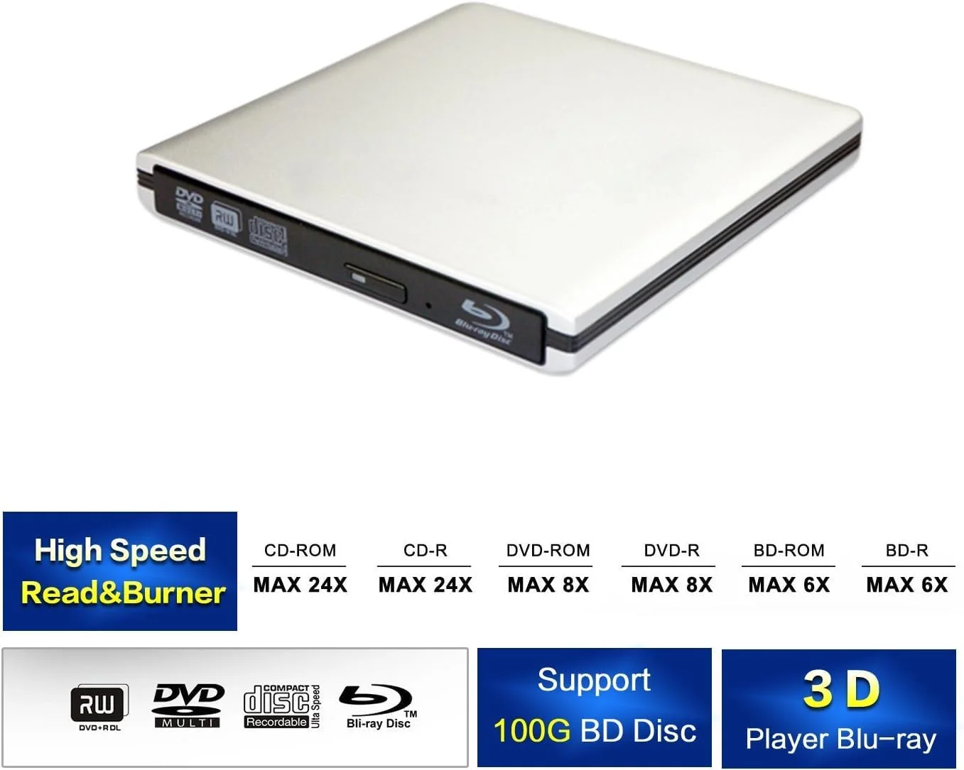 پخش کننده بلوری اکسترنال آلومینیومی Y-NX USB-C Type C/USB 3.0 3D 4K برای مک بوک پرو، درایو بلوری USB C Combo Burner برای مک بوک پرو/مک بوک ایر/آی مک و تمام لپ تاپ ها و کامپیوترهای رومیزی