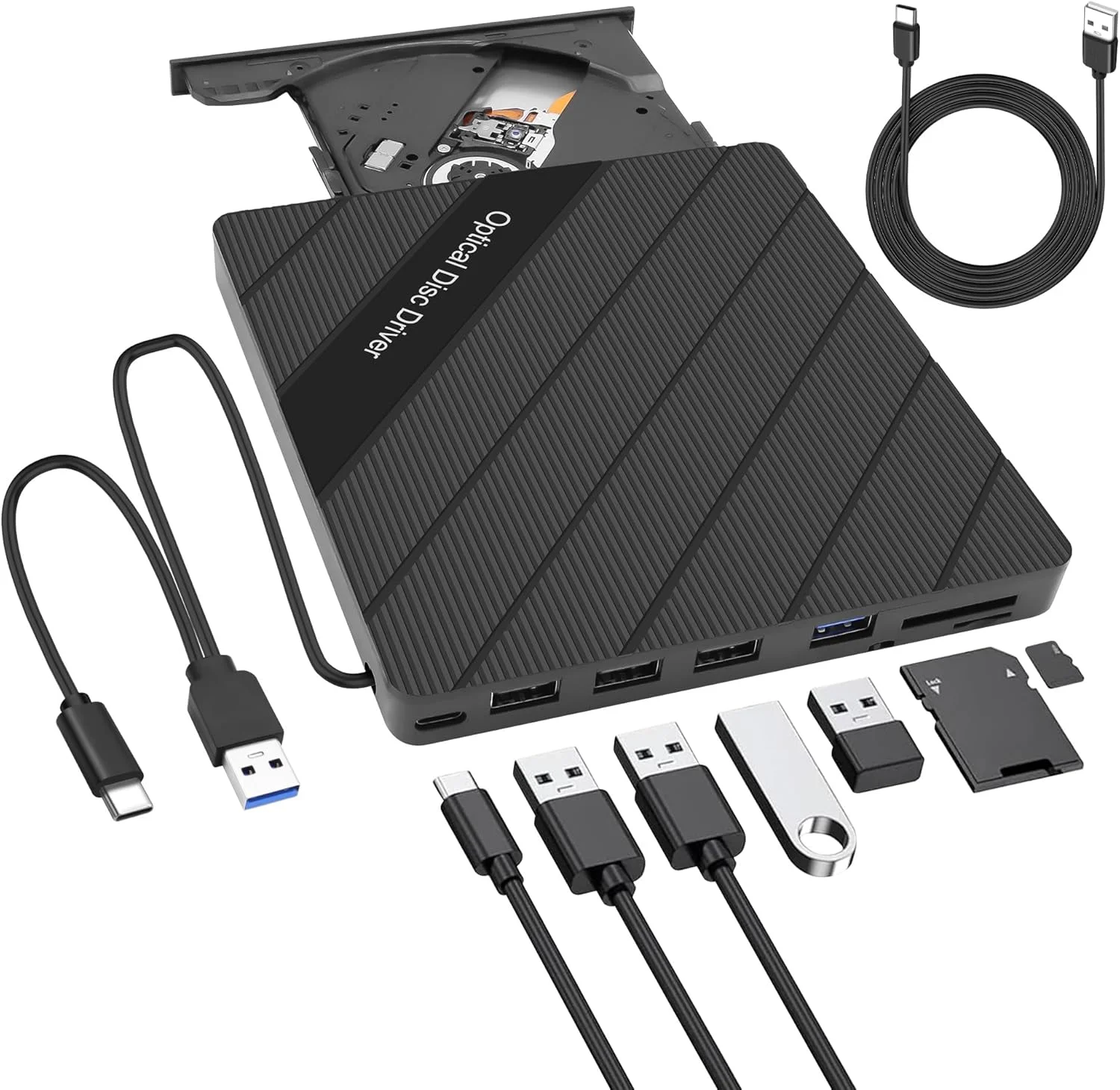 درایو اکسترنال CD/DVD مدل XMSJSIY با پورت USB 3.0 و Type-C، قابل حمل، خواننده و نویسنده CD/DVD ROM +/-RW به همراه پورت های USB 3.0/Type-C/SD/TF کارت، 8 در 1 مناسب برای کامپیوترهای رومیزی و مک