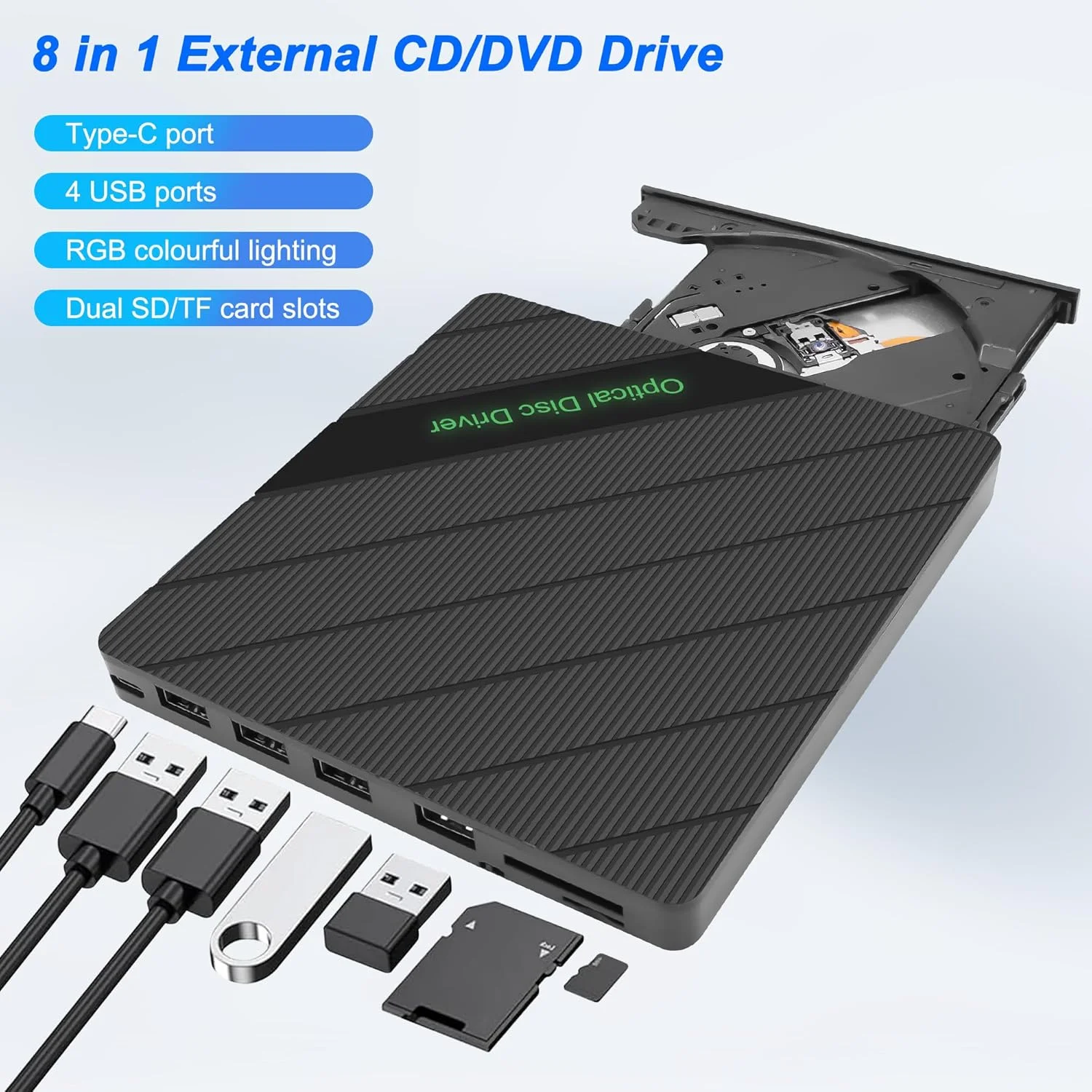 درایو اکسترنال CD/DVD مدل XMSJSIY با پورت USB 3.0 و Type-C، قابل حمل، خواننده و نویسنده CD/DVD ROM +/-RW به همراه پورت های USB 3.0/Type-C/SD/TF کارت، 8 در 1 مناسب برای کامپیوترهای رومیزی و مک