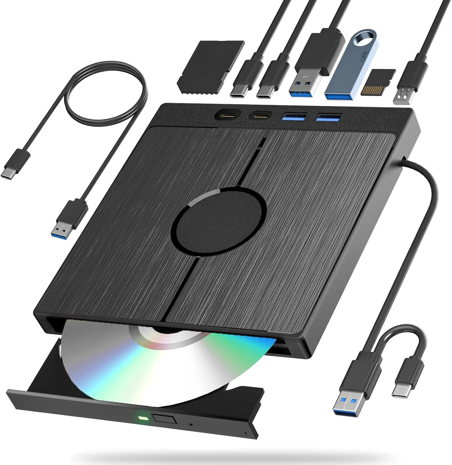 درایو بلوری اکسترنال 7 در 1، رایتر بلوری DVD با پورت های USB 3.0/Type-C/SD/TF، پشتیبانی از دیسک های 100G R/W برای کامپیوتر سازگار با ویندوز XP/7/8/10/11 مک لپ تاپ دسکتاپ