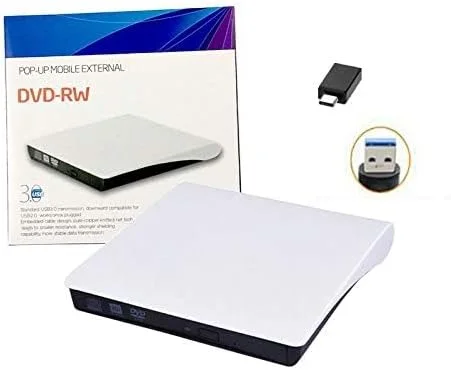 درایو DVD اکسترنال Wishopping، درایو رایتر/سوزاننده DVD/CD ROM پورت USB 3.0 با آداپتور Type-C، سازگار با سیستم عامل های ویندوز، لینوکس، اپل مک برای مک بوک، لپ تاپ، کامپیوتر رومیزی، سفید