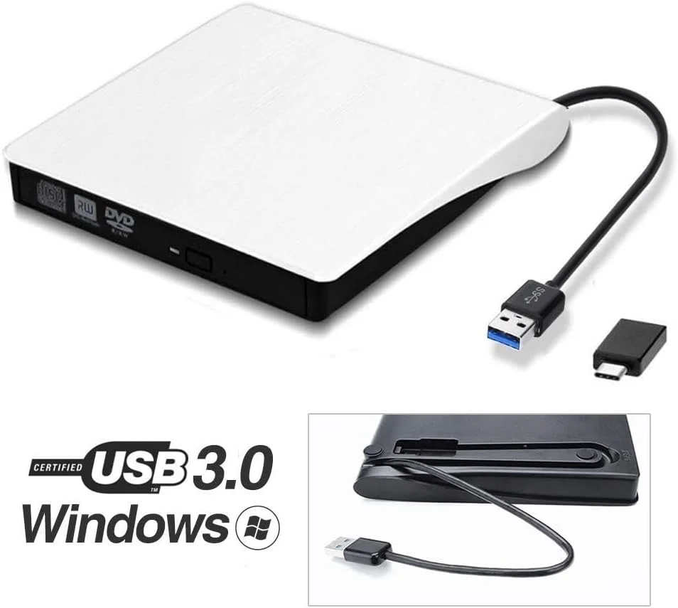 درایو DVD اکسترنال Wishopping، درایو رایتر/سوزاننده DVD/CD ROM پورت USB 3.0 با آداپتور Type-C، سازگار با سیستم عامل های ویندوز، لینوکس، اپل مک برای مک بوک، لپ تاپ، کامپیوتر رومیزی، سفید