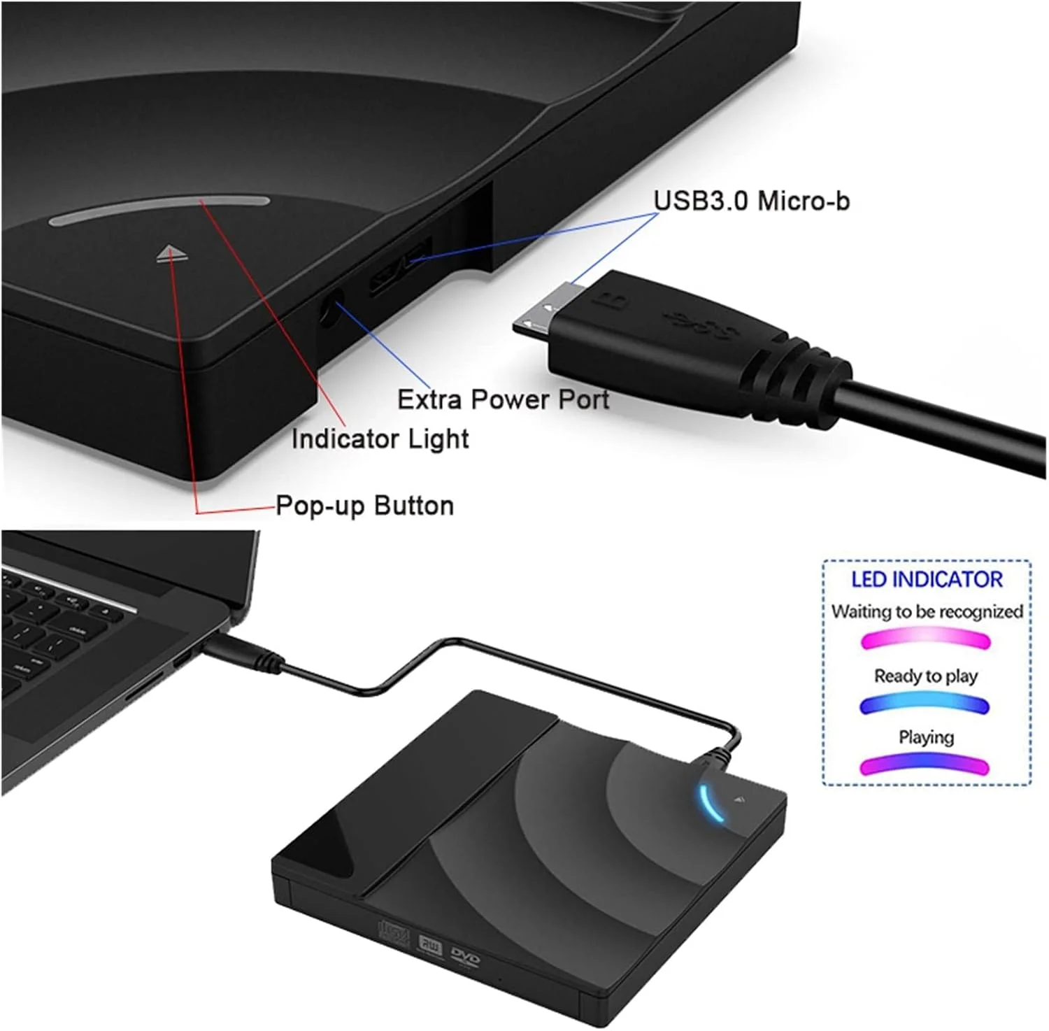 درایو نوری اکسترنال DVD پلیر قابل حمل USB 3.0 پرسرعت CD DVD-RW، درایو دیسک باریک اکسترنال، خواننده دسکتاپ PC لپ تاپ تبلت، تجربه فیلم قابل حمل DVD پلیر