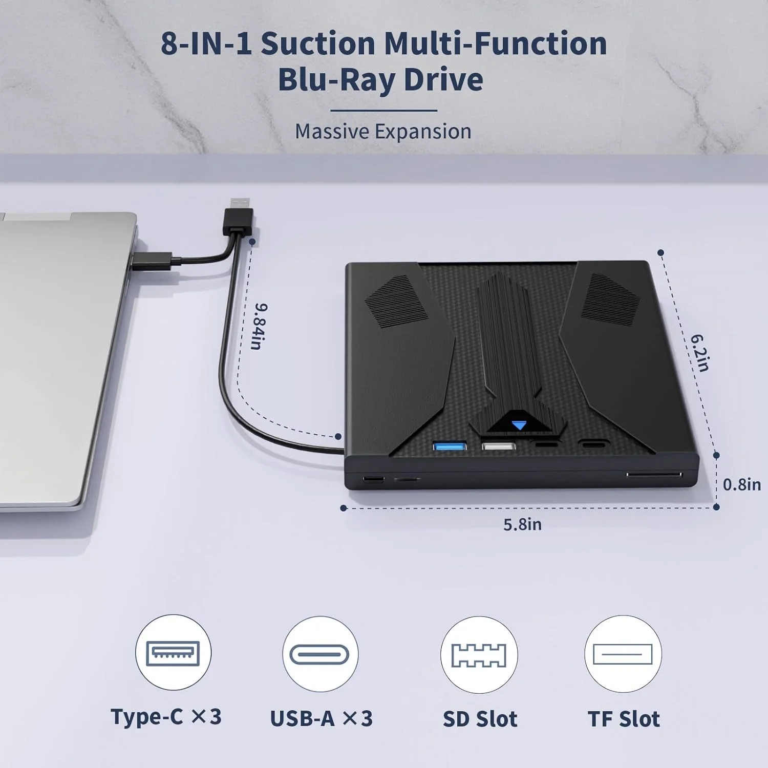 درایو اکسترنال بلو ری 8 در 1، USB 3.0 و Type-C بلو ری رایتر قابل حمل بلو ری DVD/CD/BD پلیر، درایو اپتیکال 3D بلو ری سازگار با ویندوز XP/7/8/10/11 مک او اس برای مک بوک لپ تاپ دسکتاپ