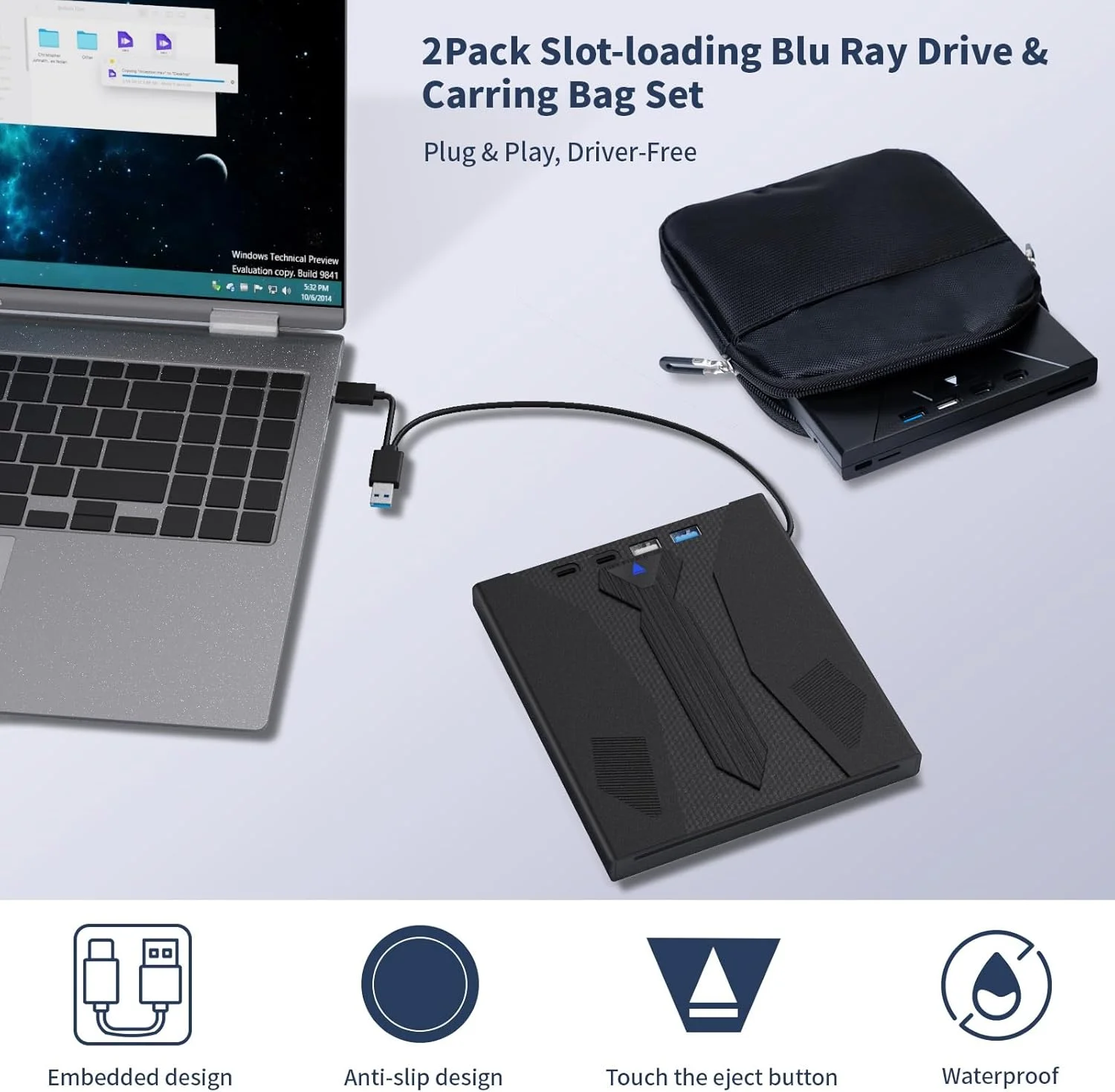 درایو اکسترنال بلو ری 8 در 1، USB 3.0 و Type-C بلو ری رایتر قابل حمل بلو ری DVD/CD/BD پلیر، درایو اپتیکال 3D بلو ری سازگار با ویندوز XP/7/8/10/11 مک او اس برای مک بوک لپ تاپ دسکتاپ