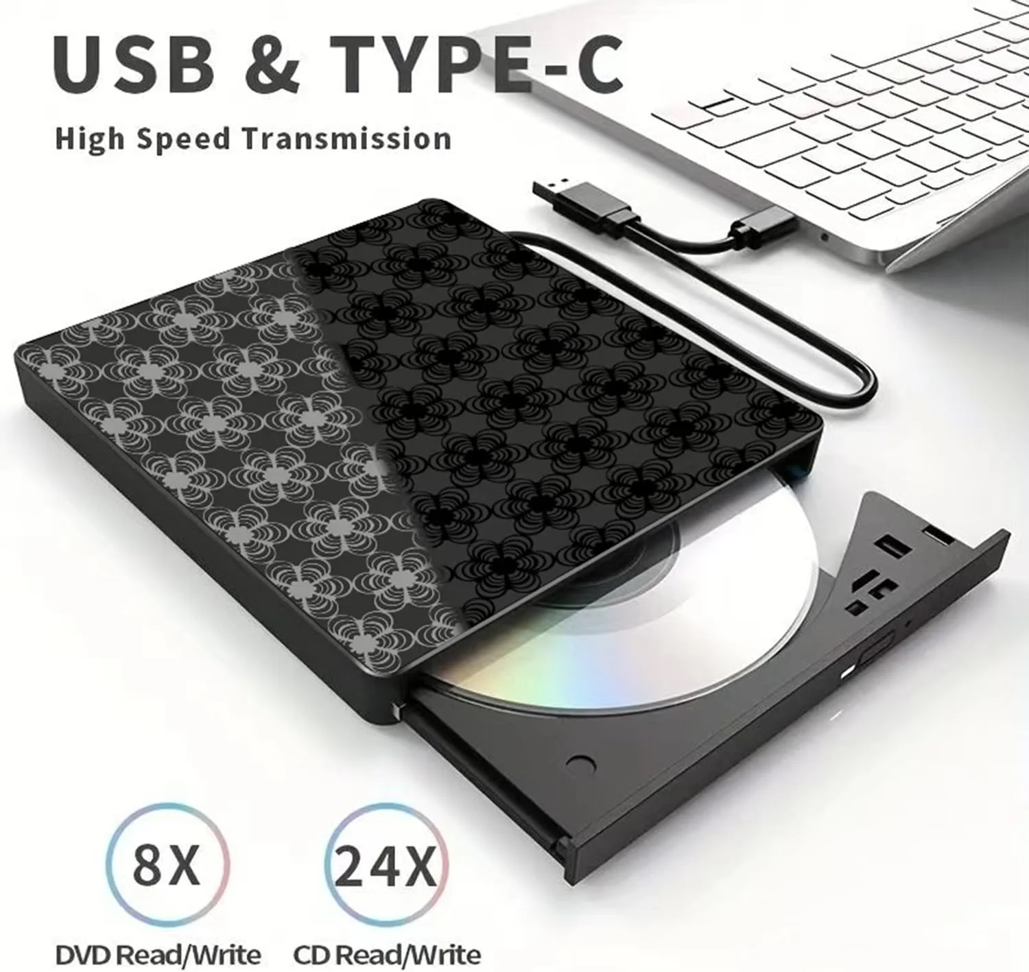 درایو نوری اکسترنال vvia برای لپ تاپ، پخش کننده DVD برای لپ تاپ، 8 در 1 USB 3.0 فوق العاده باریک قابل حمل، درایو دیسک اکسترنال CD Burner سازگار با لپ تاپ دسکتاپ مک، ویندوز 11/10/8/7 لینوکس