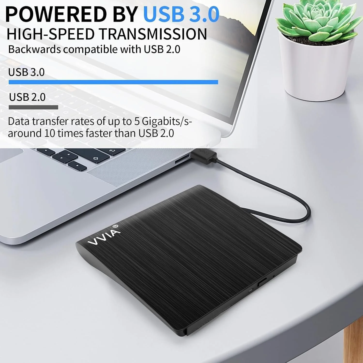 درایو CD/DVD اکسترنال vvia، درایو CD +/-RW قابل حمل USB 3.0 Type-C پخش کننده DVD برای ROM Rewriter Burner برای لپ تاپ دسکتاپ، سازگار با ویندوز 7/8/10/11 مک بوک پرو/ایر لینوکس OS-مشکی