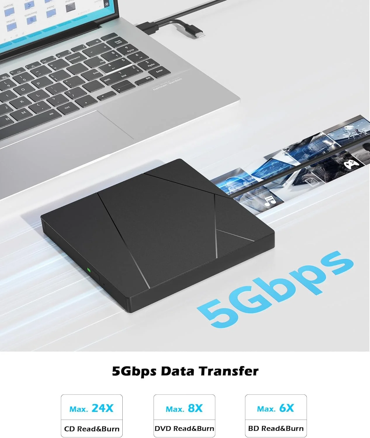 درایو بلوری اکسترنال، درایو بلوری/DVD اکسترنال برای کامپیوتر، رایتر بلوری اکسترنال USB 3.0 Type-C سازگار با ویندوز/MacOS/لینوکس لپ تاپ و کامپیوتر رومیزی