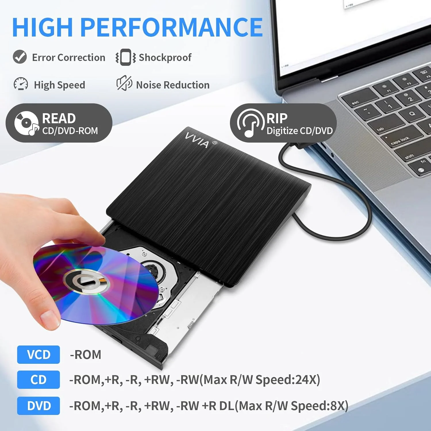 درایو CD/DVD اکسترنال vvia، درایو CD +/-RW قابل حمل USB 3.0 Type-C پخش کننده DVD برای ROM Rewriter Burner برای لپ تاپ دسکتاپ، سازگار با ویندوز 7/8/10/11 مک بوک پرو/ایر لینوکس OS-مشکی