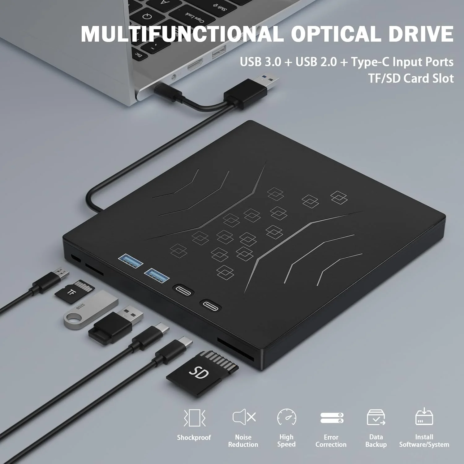 درایو DVD اکسترنال 7 در 1، USB 3.0 و Type-C، درایو دیسک CD/DVD +/-RW قابل حمل، رایت کننده CD/DVD برای لپ تاپ/کامپیوتر رومیزی، ویندوز 7/8/10/XP/Mac/Linux