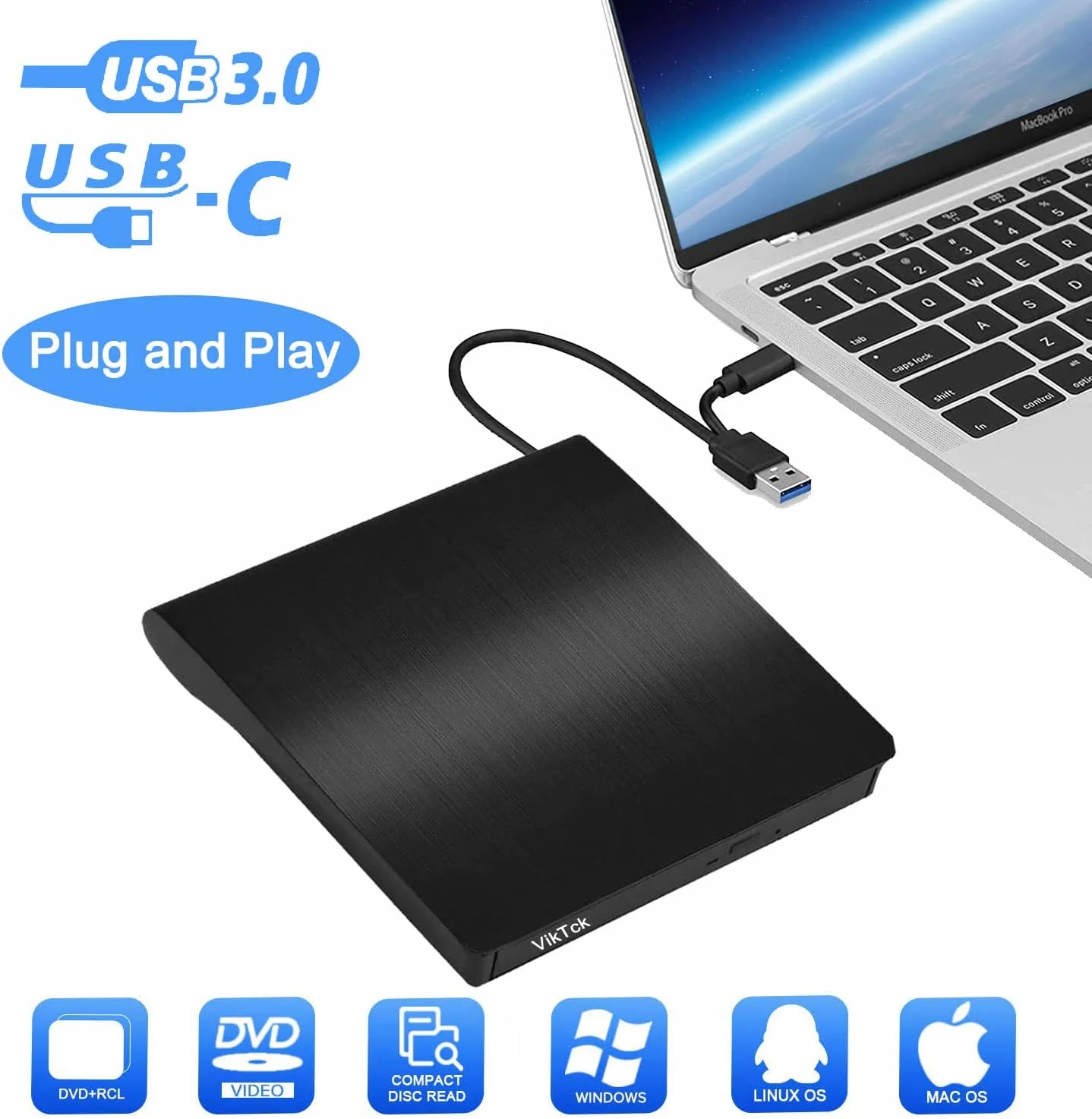 درایو نوری اکسترنال USB 3.0 قابل حمل CD/DVD-RW با کابل USB داخلی برای مک بوک / لپ تاپ / کامپیوتر (مشکی)