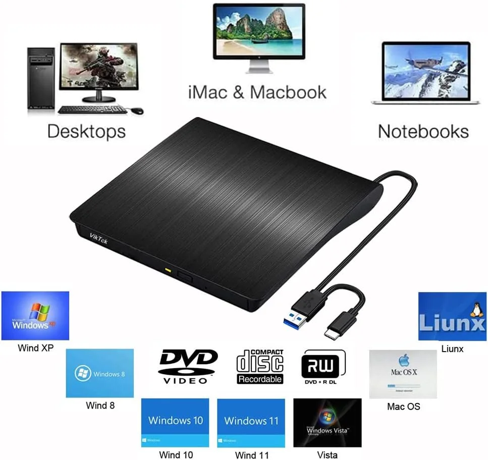درایو نوری اکسترنال USB 3.0 قابل حمل CD/DVD-RW با کابل USB داخلی برای مک بوک / لپ تاپ / کامپیوتر (مشکی)