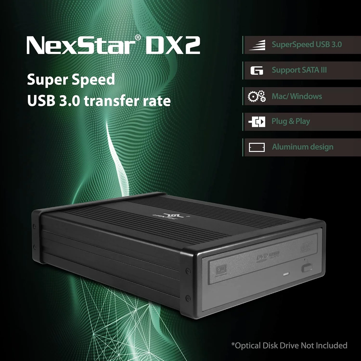 محفظه خارجی USB 3.0 ون‌تک NexStar DX2 برای درایو SATA بلوری/CD/DVD 5.25 اینچی، نسل دوم DX، بدون نیاز به درایور، آلیاژ آلومینیوم (NST-540S3-BK)