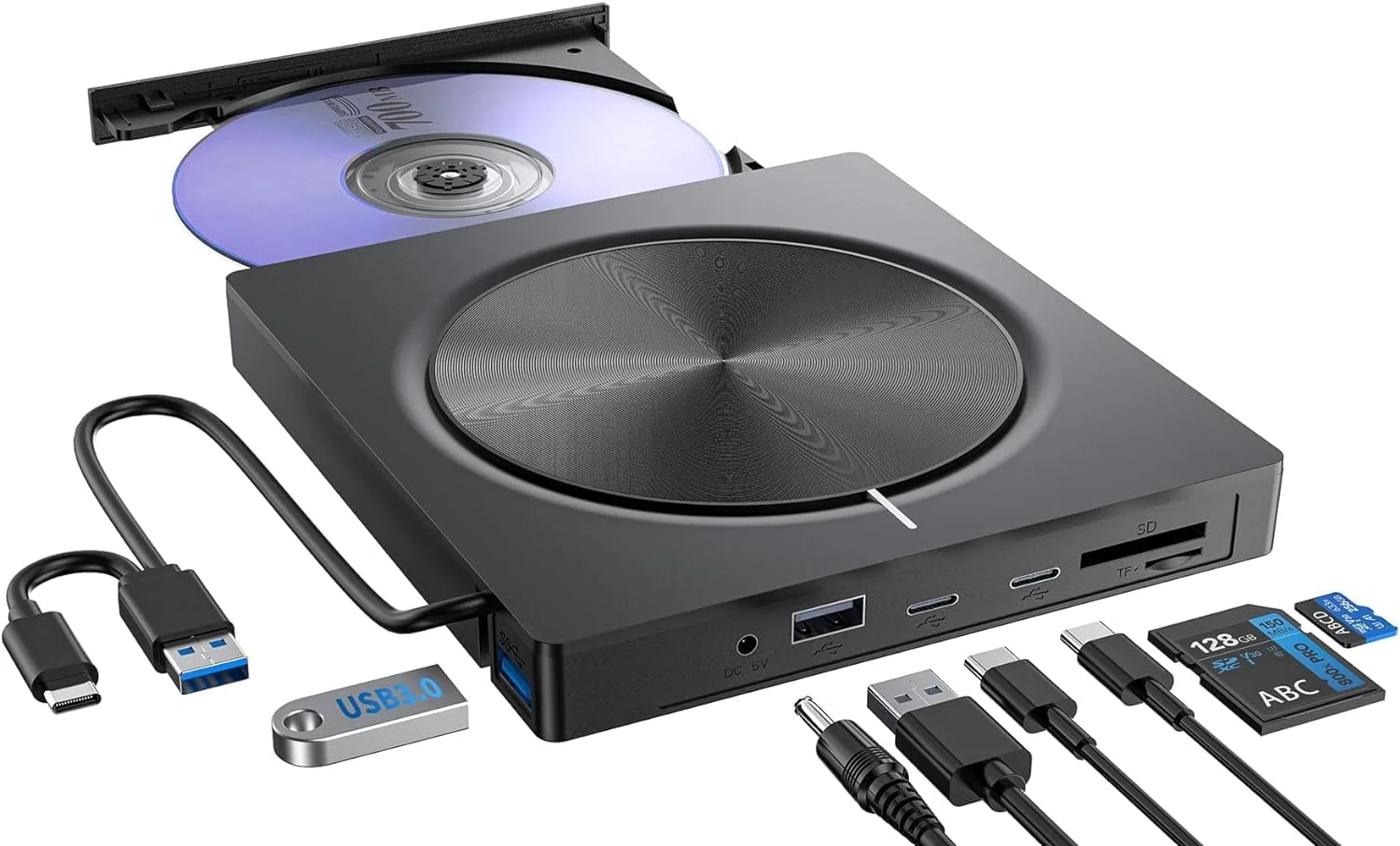 پخش کننده سی دی دی وی دی اکسترنال برای لپ تاپ و کامپیوتر، رایتر دی وی دی اکسترنال USB 3.0 و USB-C، درایو دی وی دی اکسترنال فوق العاده باریک با 4 پورت USB-A/C و کارت خوان TF/SD