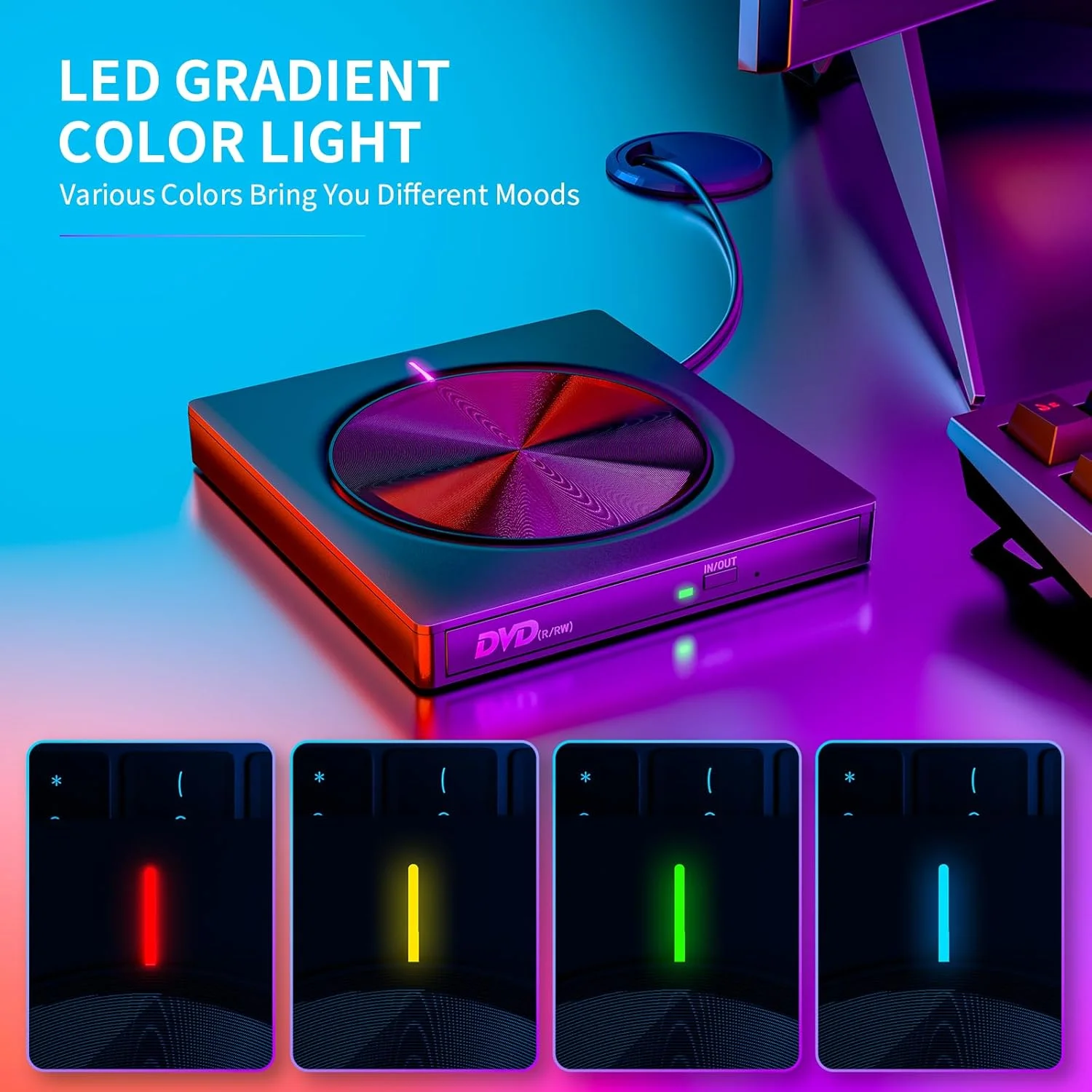 پخش کننده سی دی دی وی دی اکسترنال برای لپ تاپ و کامپیوتر، رایتر دی وی دی اکسترنال USB 3.0 و USB-C، درایو دی وی دی اکسترنال فوق العاده باریک با 4 پورت USB-A/C و کارت خوان TF/SD