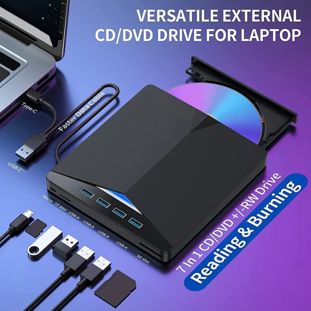 درایو نوری اکسترنال CD DVD RW اسلیم پرسرعت 7 در 1 USB 3.0 Type-C برای ویندوز 11/10/8/7/لینوکس/مک OS