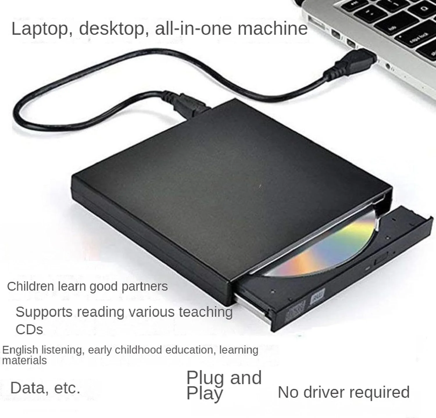 درایو و رایتر DVD اکسترنال با کابل داده USB و کابل برق USB، درایو نوری CD ROM رایتر و ریدر سازگار با لپ تاپ و کامپیوتر رومیزی