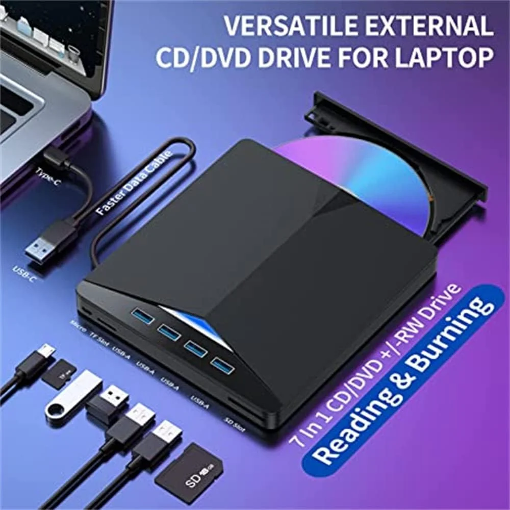 درایو نوری اکسترنال SYOSI برای لپ تاپ، پخش کننده DVD/CD با پورت USB 3.0، مدل 7 در 1، سازگار با لپ تاپ، کامپیوتر رومیزی، ویندوز 11/10/8/7، لینوکس و مک او اس (مشکی جت)