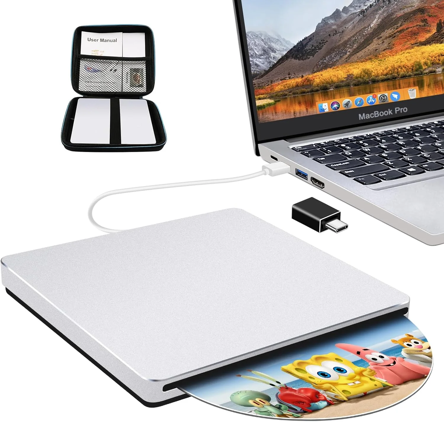 درایو نوری اکسترنال CD DVD USB و Type-C، رایتر و ریدر قابل حمل CD/DVD، درایو دیسک نوری باریک، پخش کننده DVD برای لپ تاپ مک بوک ایر پرو اپل PC کامپیوتر ویندوز 11/10