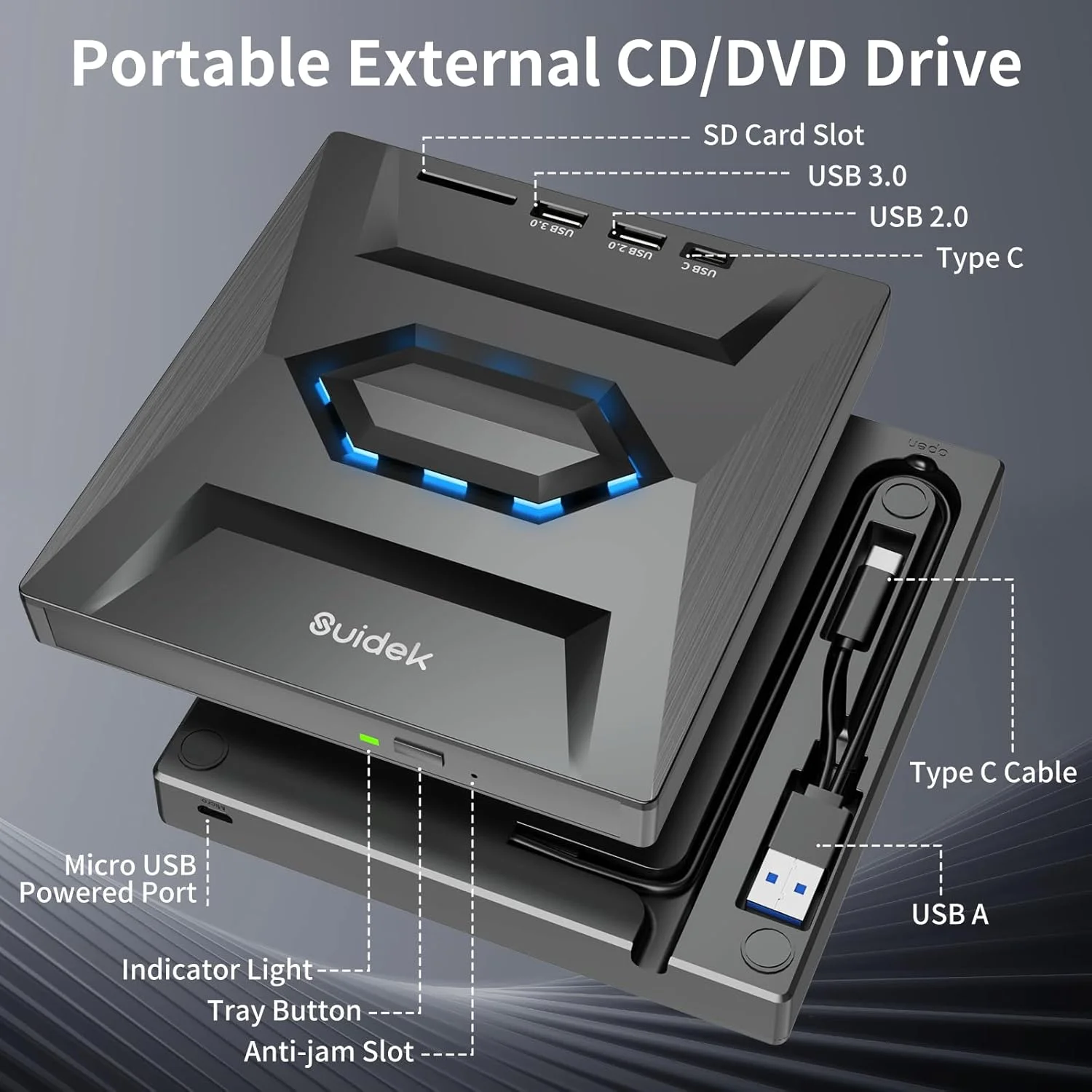 درایو نوری اکسترنال CD DVD برای لپ تاپ، USB C قابل حمل CD/DVD +/-RW رایتر DVD پلیر با کارت خوان SD USB 3.0 Type C هاب سازگار با لپ تاپ PC ویندوز لینوکس