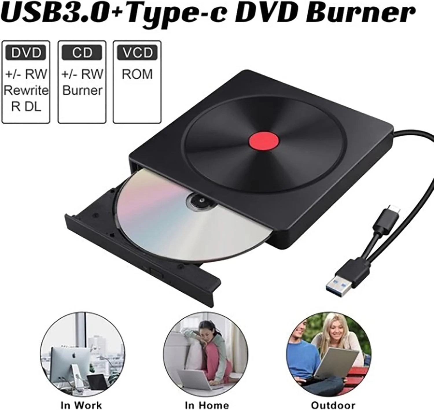 درایو DVD اکسترنال USB 3.0 Type C مدل SLKTDE، درایو CD اکسترنال، پخش کننده DVD دو پورت، انتقال داده با سرعت بالا برای لپ تاپ، نوت بوک، کامپیوتر رومیزی، مک او اس، ویندوز