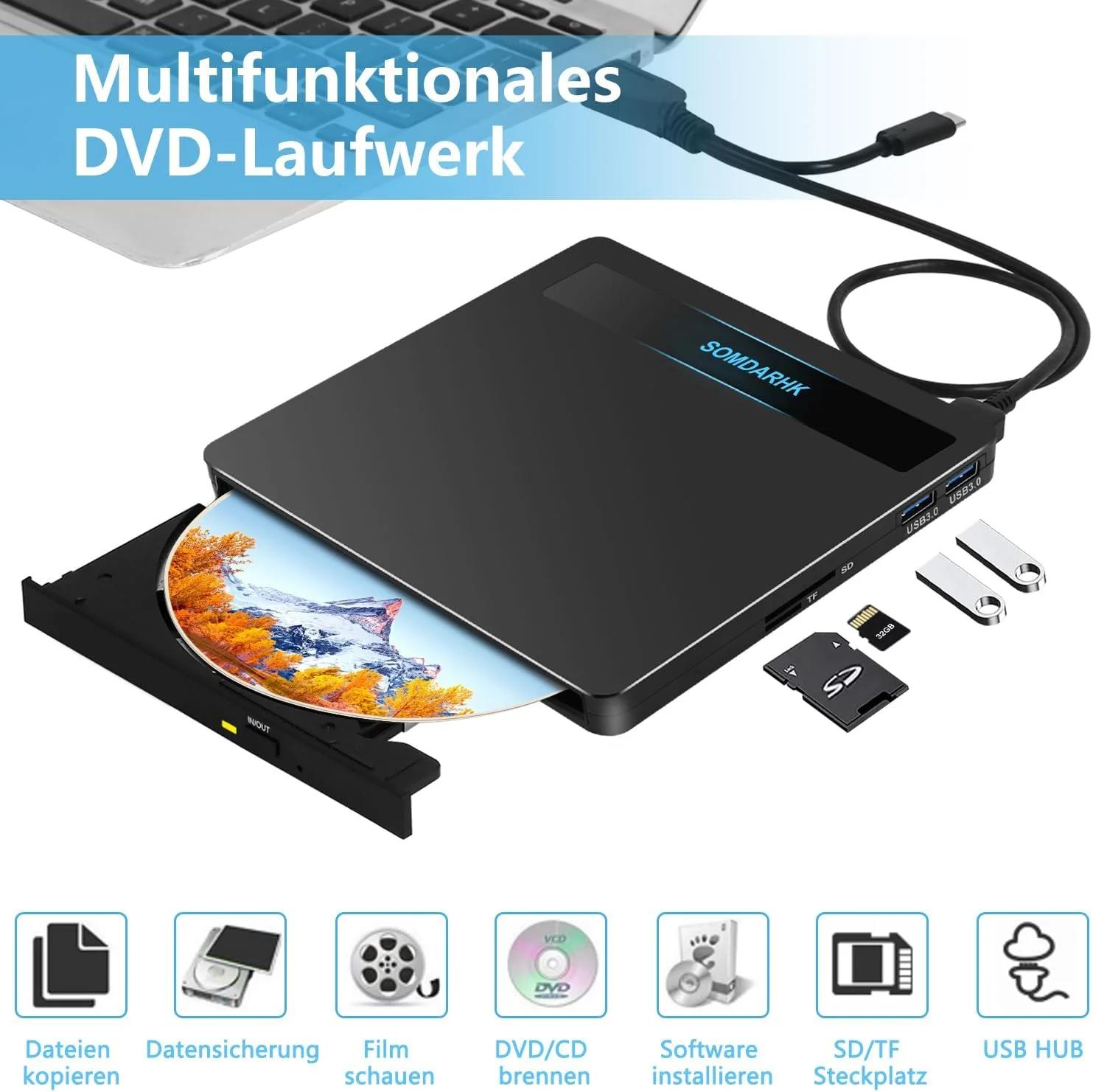 درایو DVD اکسترنال، USB 3.0 Type-C CD/DVD RW Burner اکسترنال با اسلات SD/TF و 2 پورت USB، درایو CD اپتیکال برای لپ تاپ PC دسکتاپ مک ویندوز 11 10 مک بوک ایر لینوکس