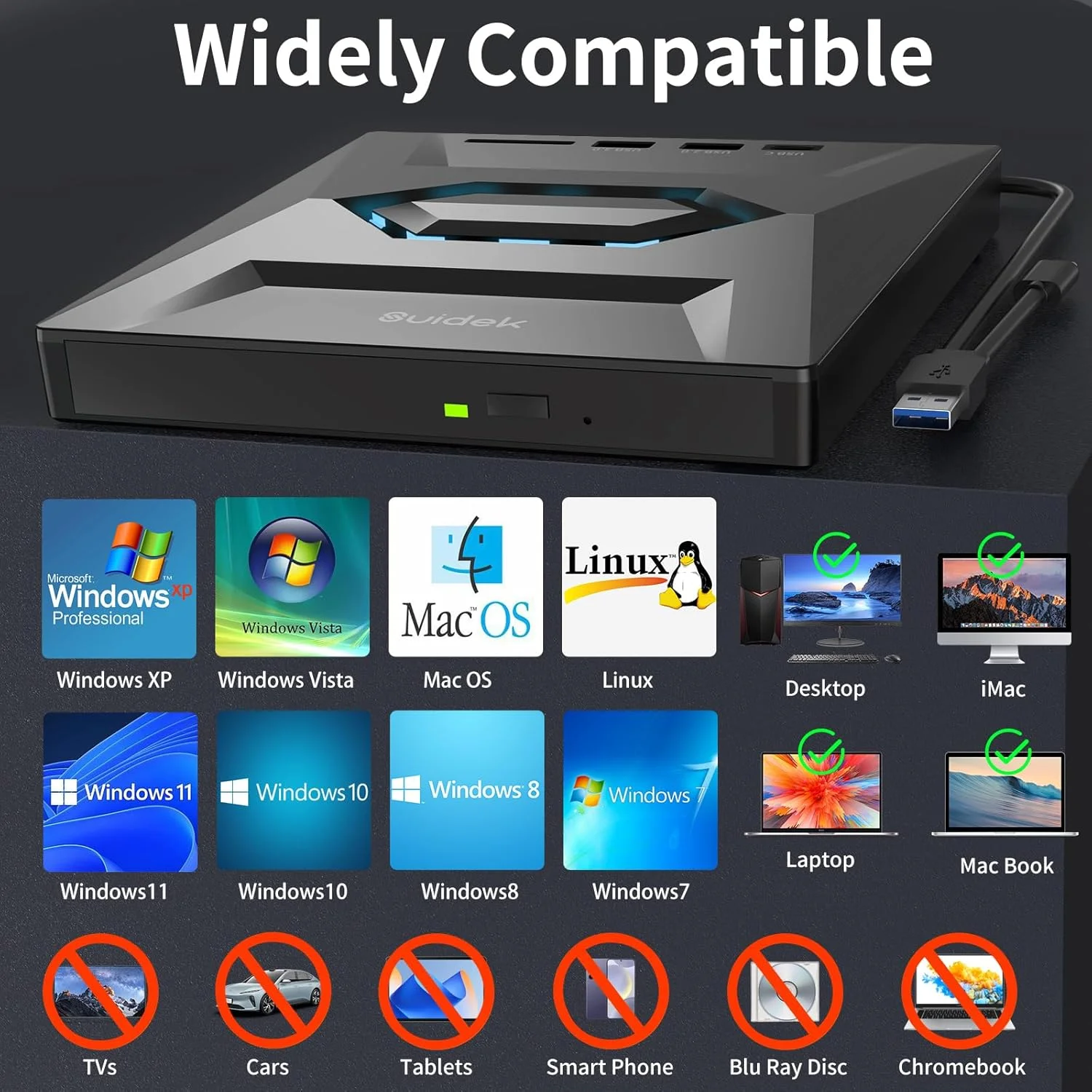 درایو نوری اکسترنال CD DVD برای لپ تاپ، USB C قابل حمل CD/DVD +/-RW رایتر DVD پلیر با کارت خوان SD USB 3.0 Type C هاب سازگار با لپ تاپ PC ویندوز لینوکس