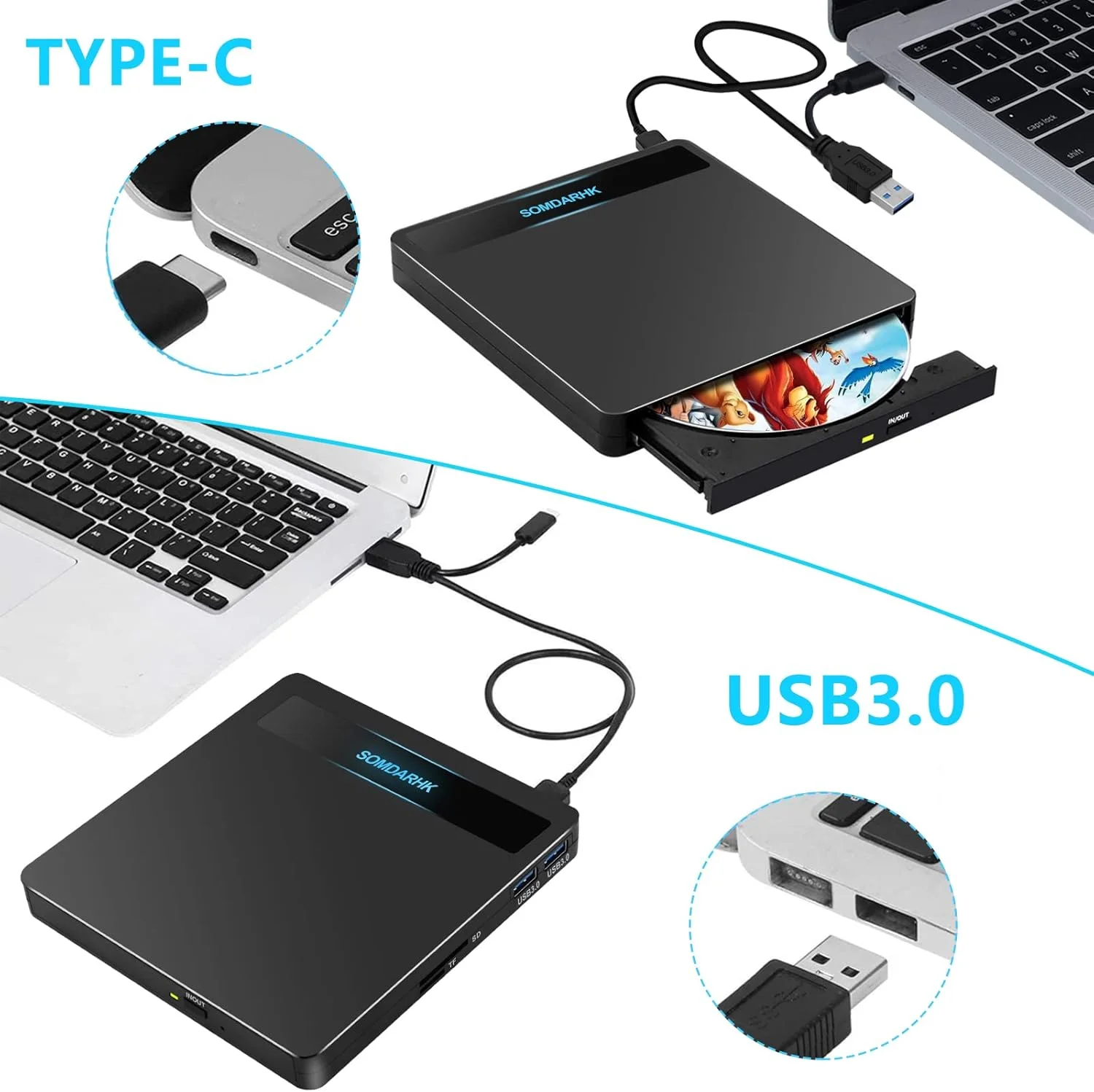 درایو DVD اکسترنال، USB 3.0 Type-C CD/DVD RW Burner اکسترنال با اسلات SD/TF و 2 پورت USB، درایو CD اپتیکال برای لپ تاپ PC دسکتاپ مک ویندوز 11 10 مک بوک ایر لینوکس