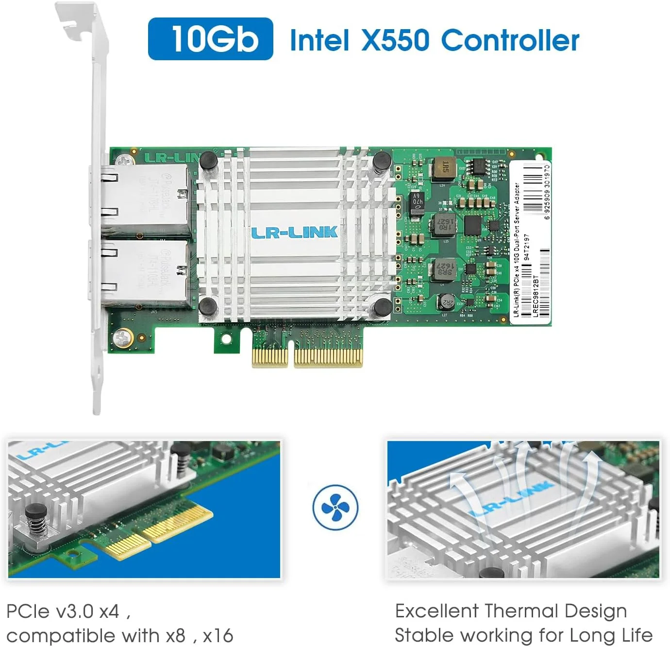 کارت شبکه 10 گیگابیت PCI-E برای Intel X550-T2، دو پورت RJ45 با کنترلر Intel X550 AT2، آداپتور LAN PCI Express 3.0 X4 پشتیبانی از Windows Server/Linux/VMware