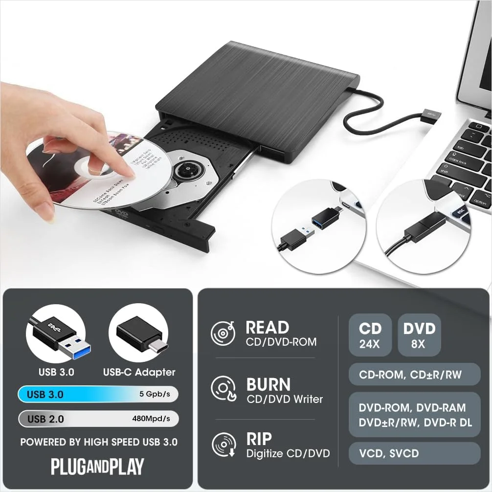 درایو DVD اکسترنال USB 3.0 روفول همراه با کیف محافظ، درایو و رایت CD DVD +/-RW قابل حمل، سازگار با کامپیوترهای لپ تاپ و PC با سیستم عامل ویندوز 10/8/7 از برندهای HP، Dell، LG، Asus، Acer، Lenovo