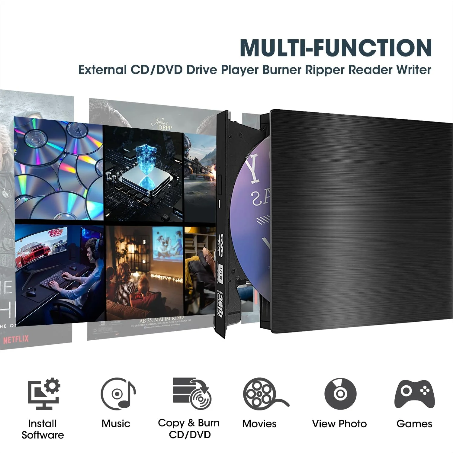 درایو DVD اکسترنال USB 3.0 روفول همراه با کیف محافظ، درایو و رایت CD DVD +/-RW قابل حمل، سازگار با کامپیوترهای لپ تاپ و PC با سیستم عامل ویندوز 10/8/7 از برندهای HP، Dell، LG، Asus، Acer، Lenovo