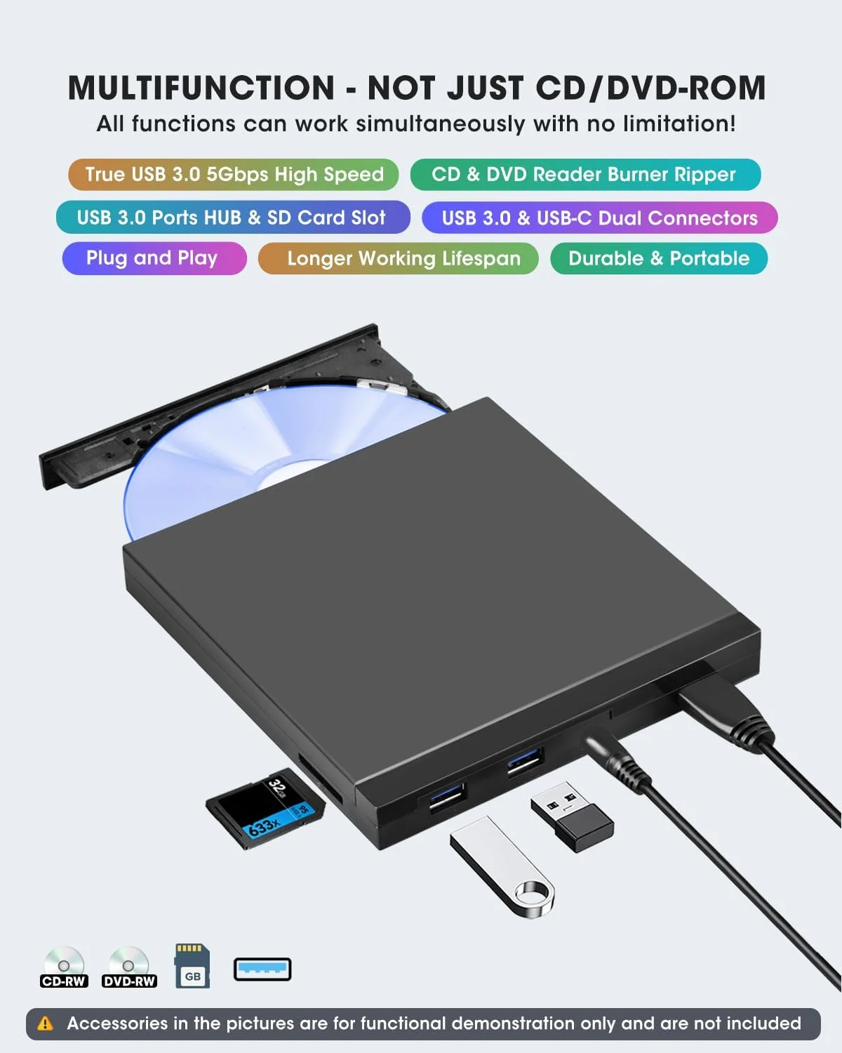 درایو نوری اکسترنال USB 3.0 Type-C مدل ROOFULL با پورت‌های USB + رم‌خوان SD + کیف محافظ، درایو DVD CD ROM +/-RW قابل حمل برای MacBook Pro / Air iMac Windows 11/10/8 لپ تاپ PC