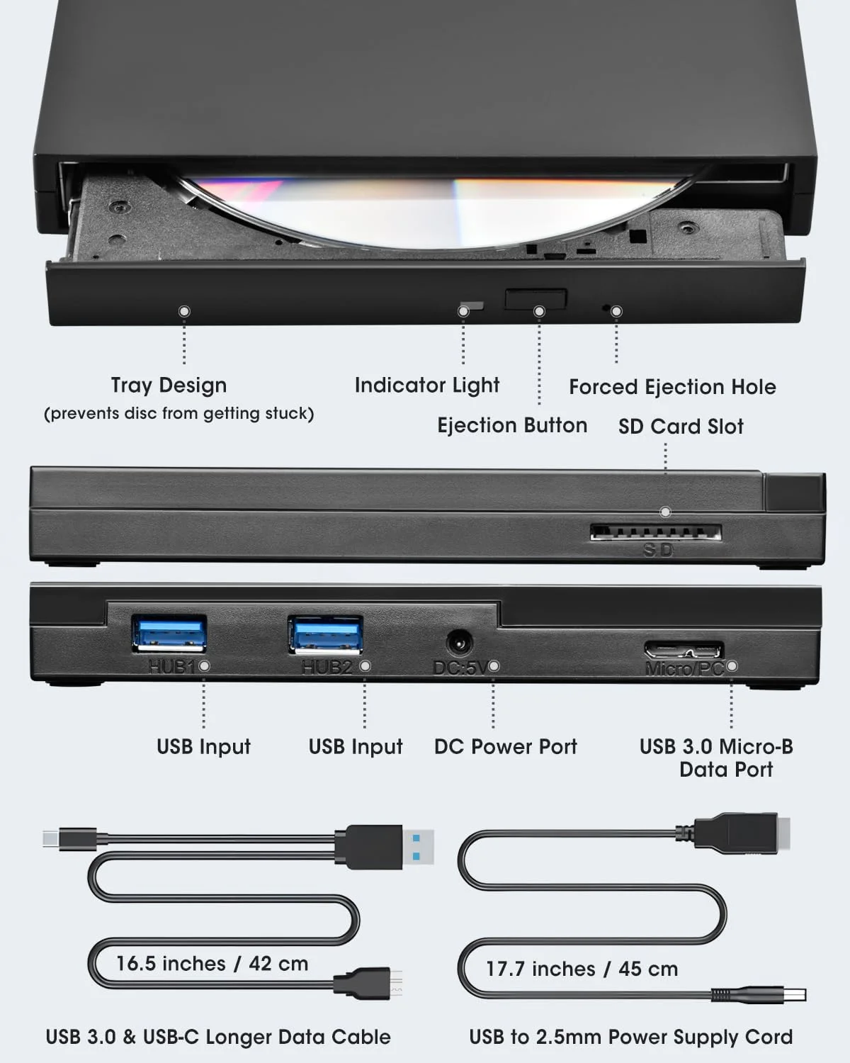 درایو اکسترنال CD/DVD+/-RW مدل ROOFULL USB 3.0 Type-C با پورت‌های USB و کارت‌خوان SD، رایتر و پلیر قابل حمل DVD CD-ROM، درایو نوری برای MacBook Pro، iMac، لپ‌تاپ Windows 11/10/8/7