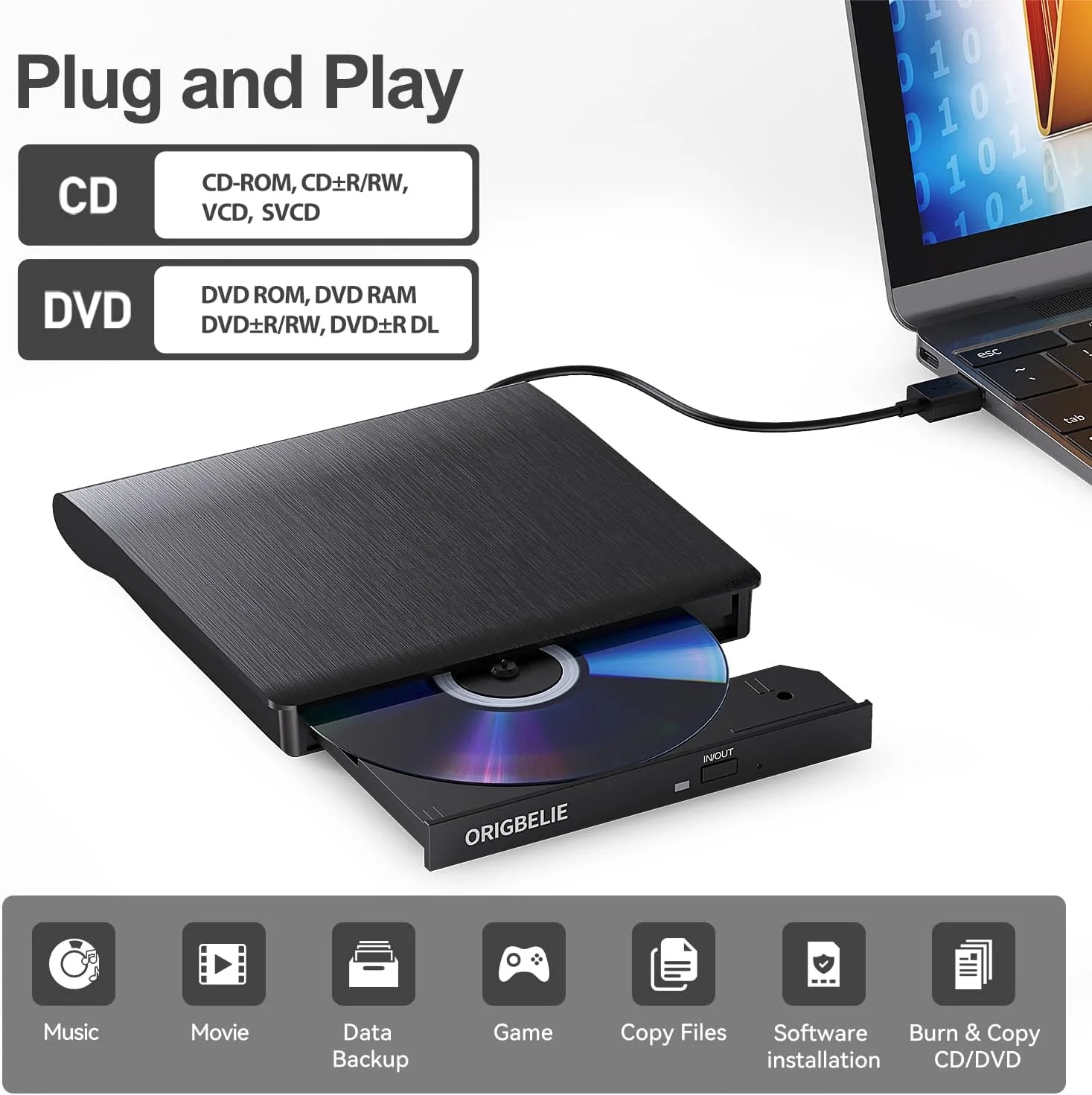 درایو نوری اکسترنال CD/DVD برای لپ تاپ، USB 3.0 CD Burner +/-RW CD ROM اکسترنال DVD Drive پخش کننده DVD قابل حمل برای لپ تاپ کامپیوتر رومیزی اپل مک ویندوز 11/10/8/7/XP لینوکس