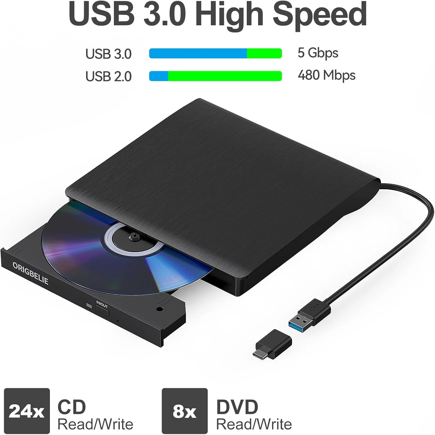 درایو نوری اکسترنال CD/DVD برای لپ تاپ، USB 3.0 CD Burner +/-RW CD ROM اکسترنال DVD Drive پخش کننده DVD قابل حمل برای لپ تاپ کامپیوتر رومیزی اپل مک ویندوز 11/10/8/7/XP لینوکس