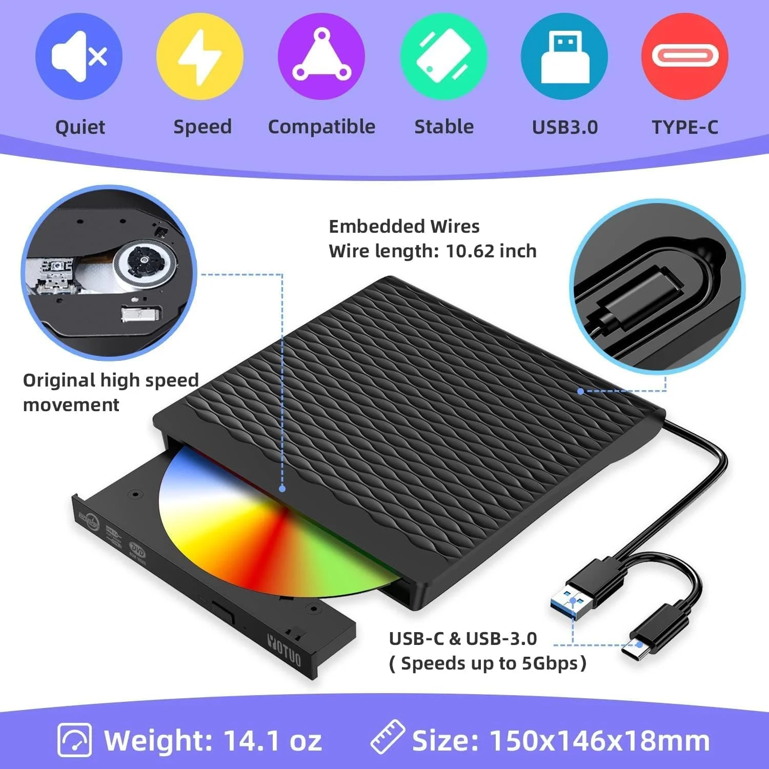 درایو DVD اکسترنال Oter USB 3.0 Type C، درایو نوری قابل حمل CD ROM، پخش کننده دیسک، سازگار با لپ تاپ، کامپیوتر رومیزی، ویندوز 11/10/8/7، مک پرو/ایر مک بوک، لینوکس